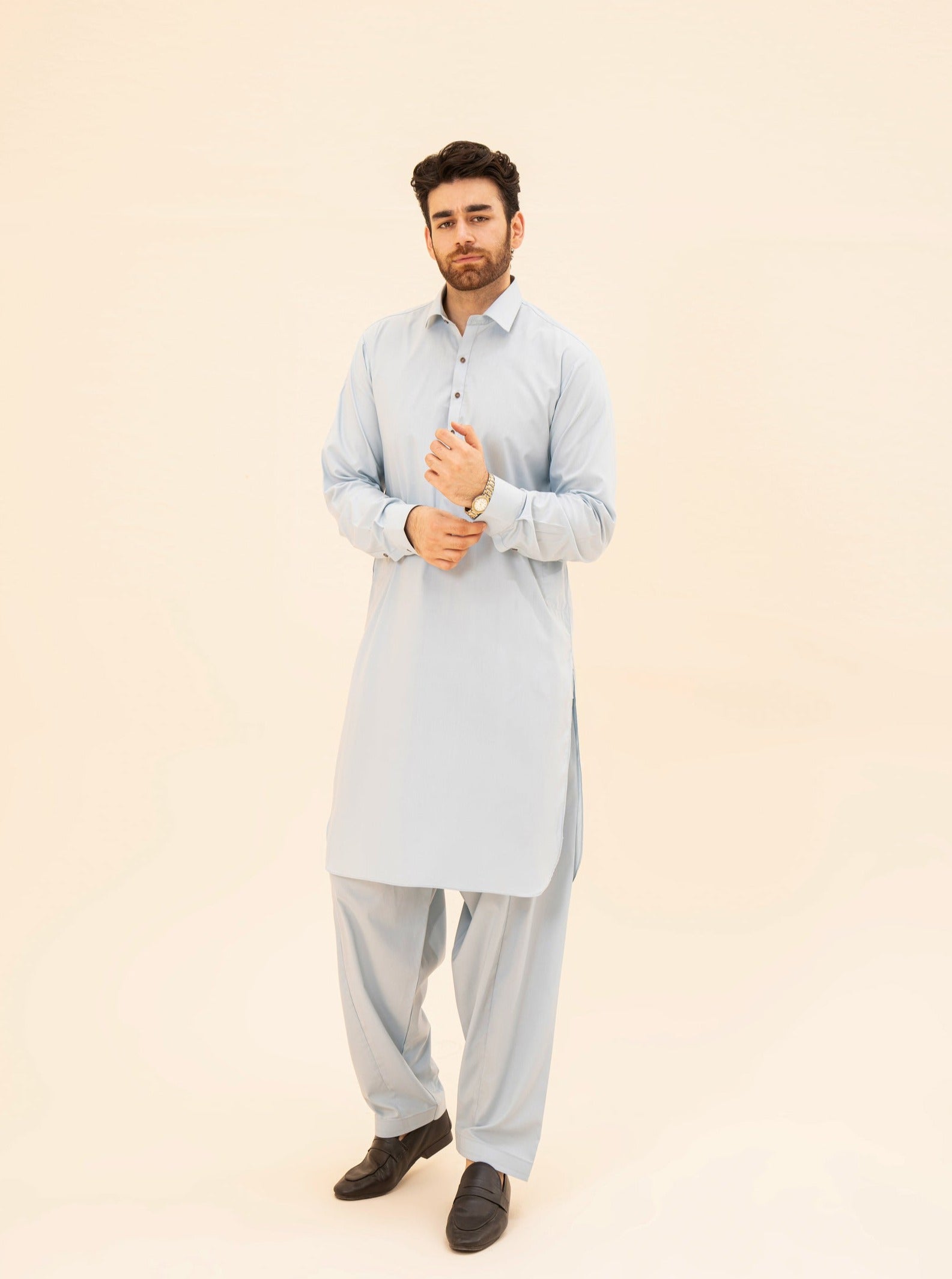 Sky Blue French Collar Kameez Shalwar - Men