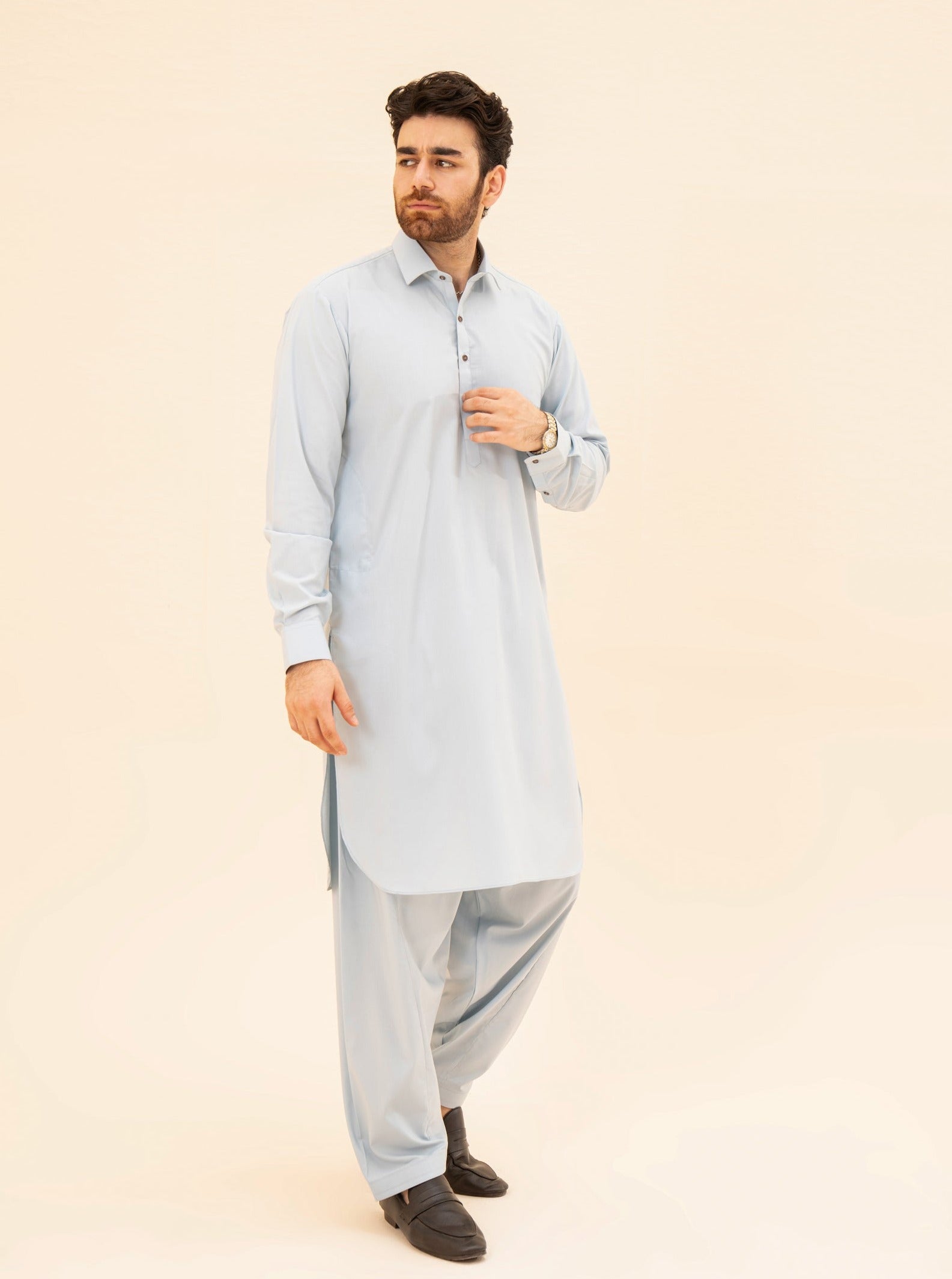 Sky Blue French Collar Kameez Shalwar - Men