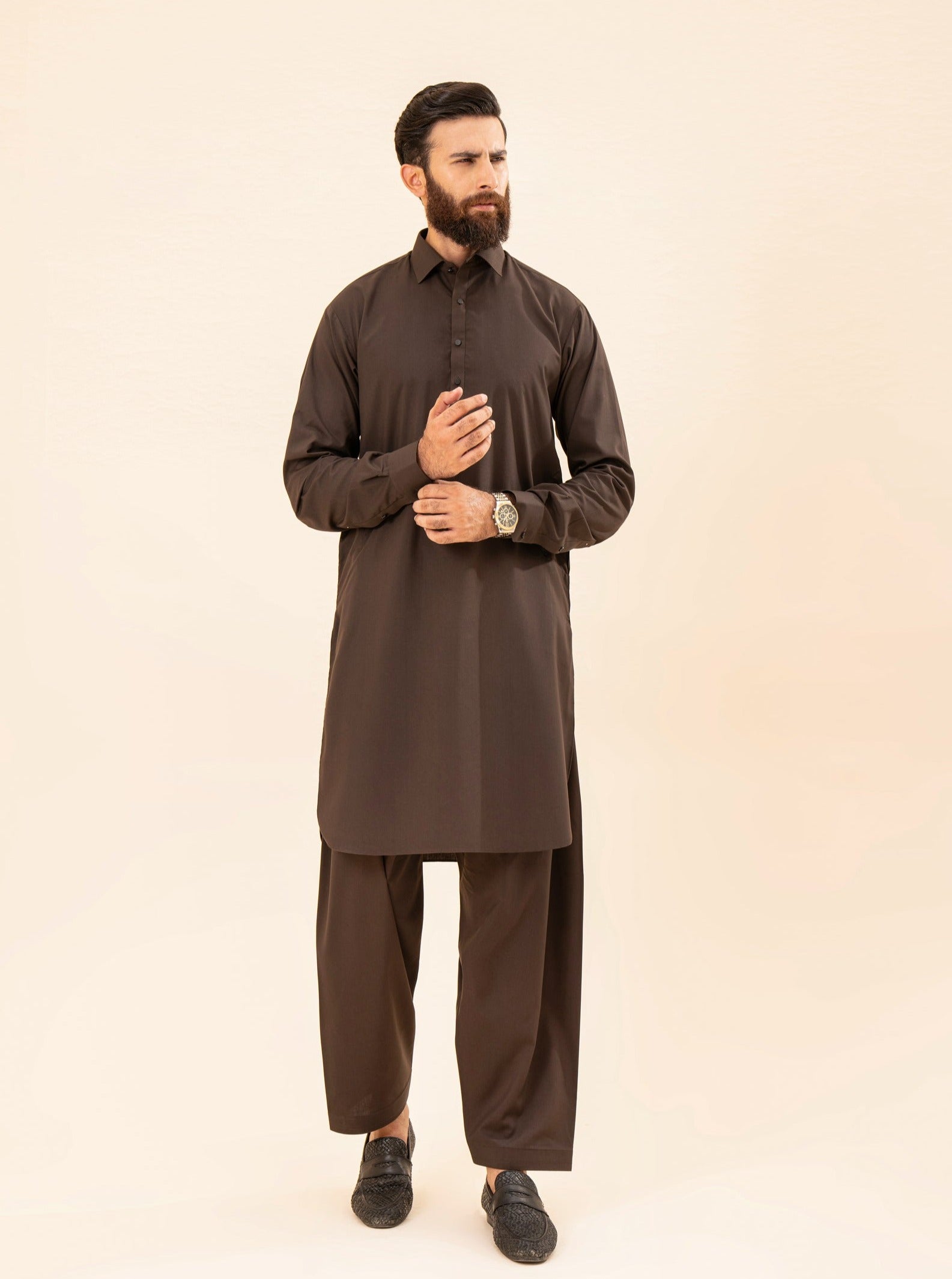 Dark Brown French Collar Kameez Shalwar - Men