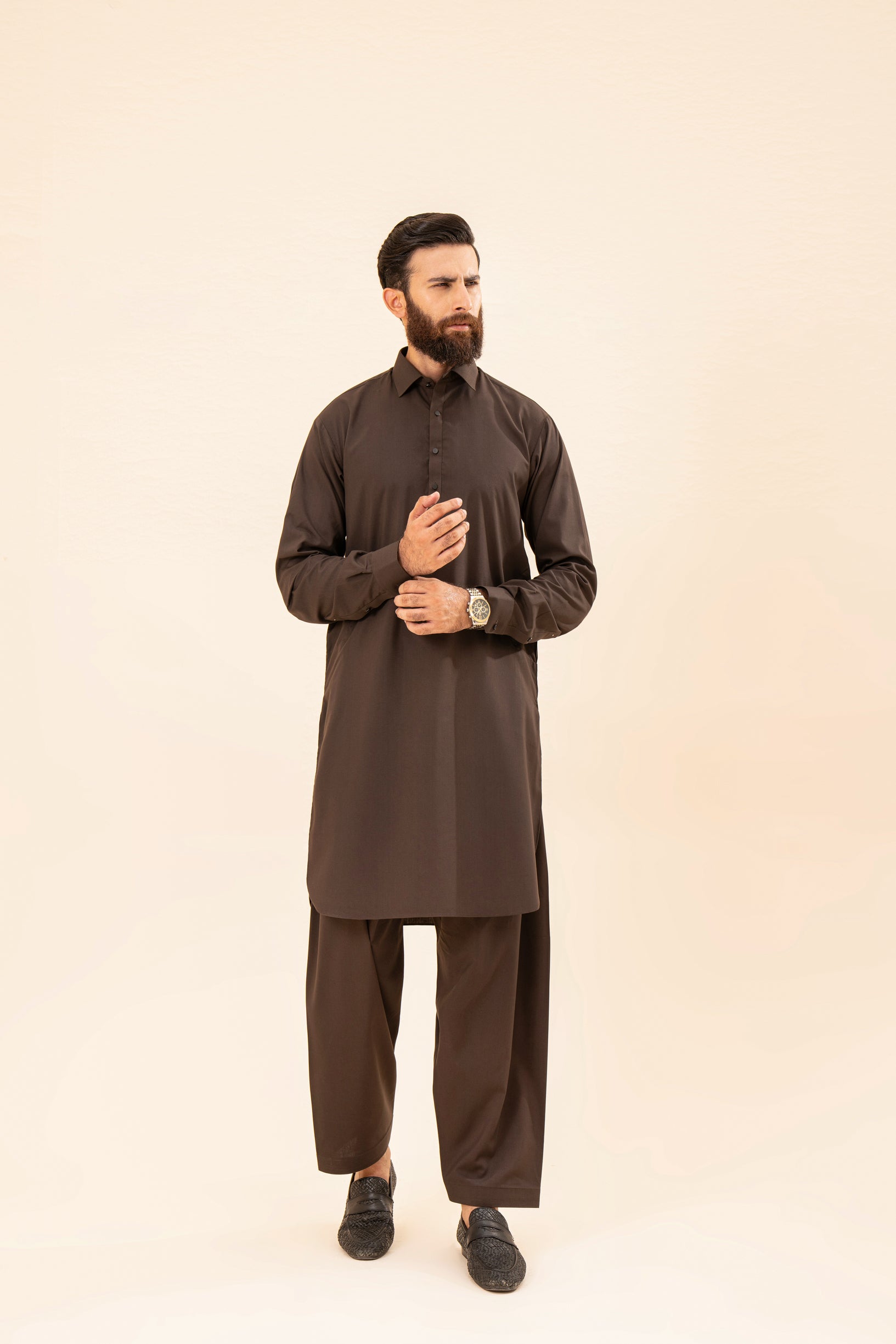 Pack of 2 French Collar Kameez Shalwar - Camel & Dark Brown