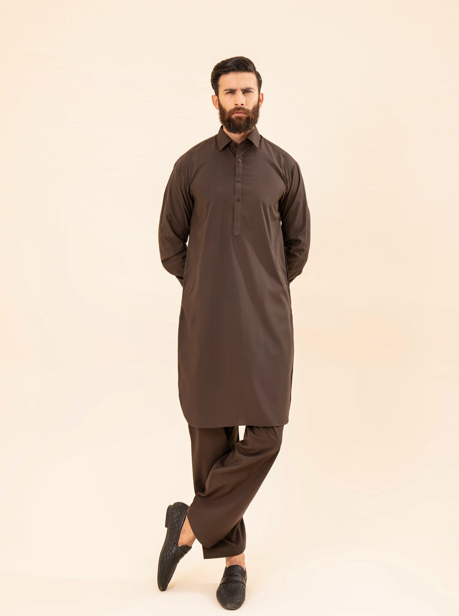 Dark Brown French Collar Kameez Shalwar - Men