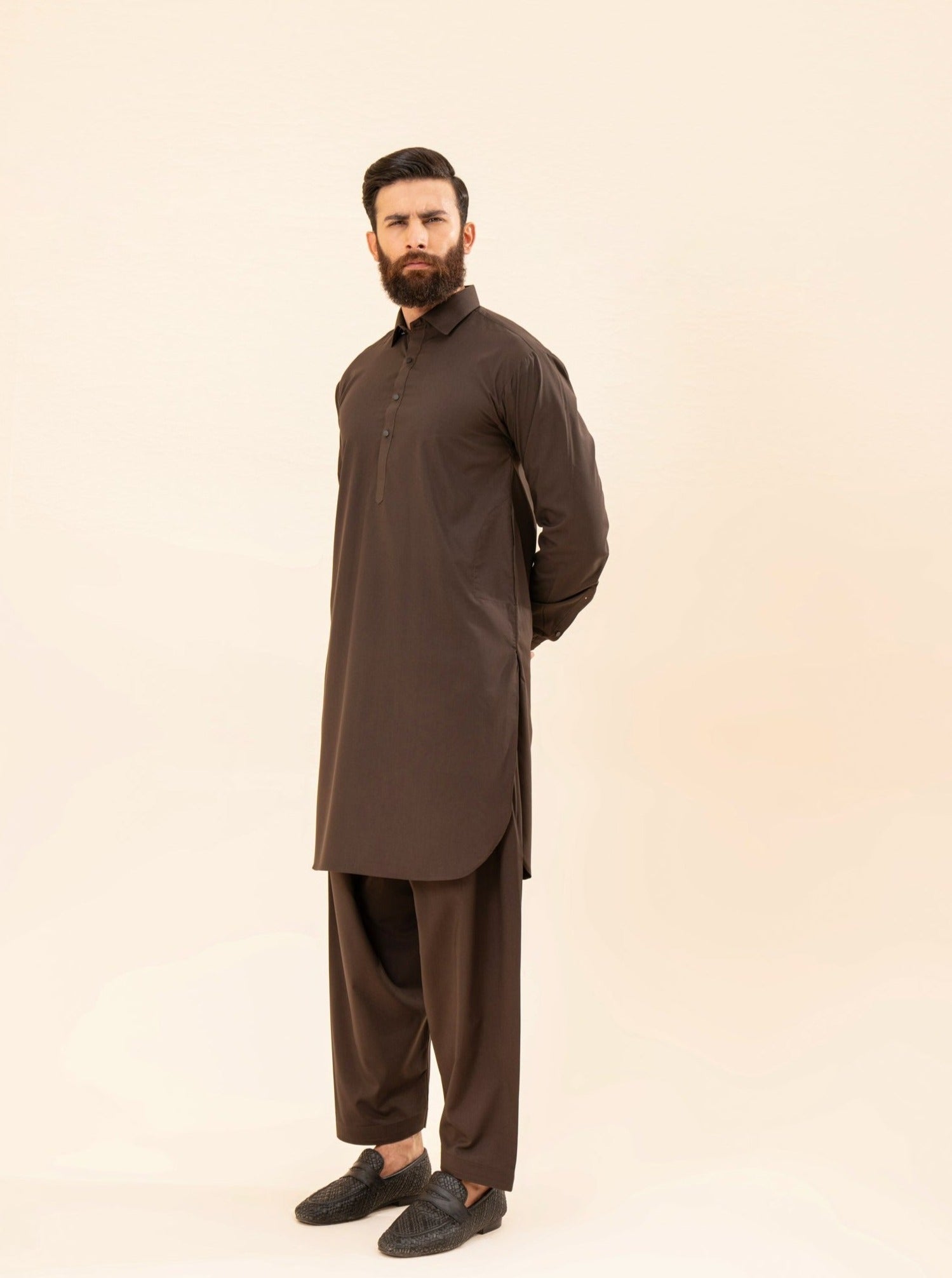 Dark Brown French Collar Kameez Shalwar - Men