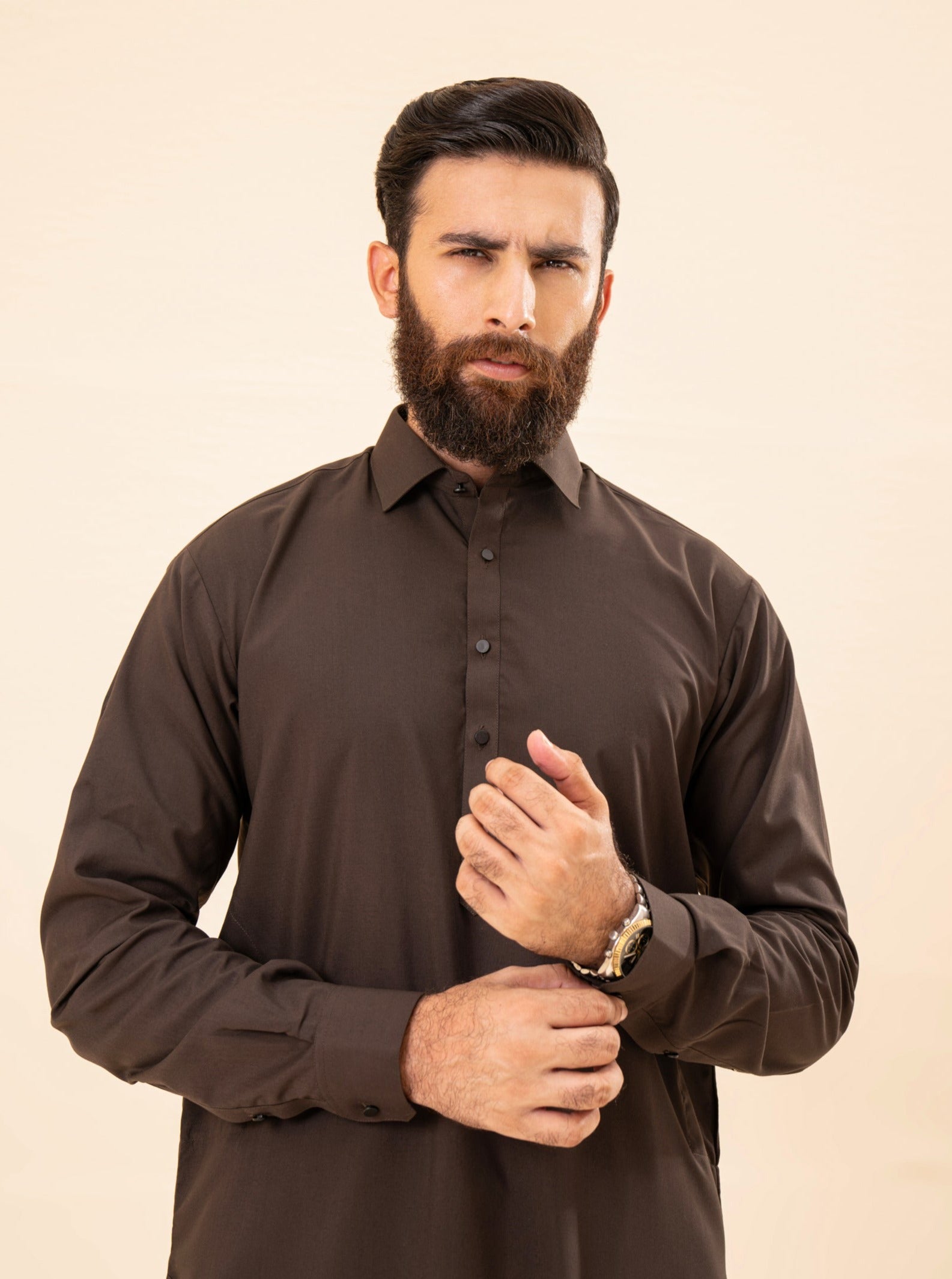 Dark Brown French Collar Kameez Shalwar - Men