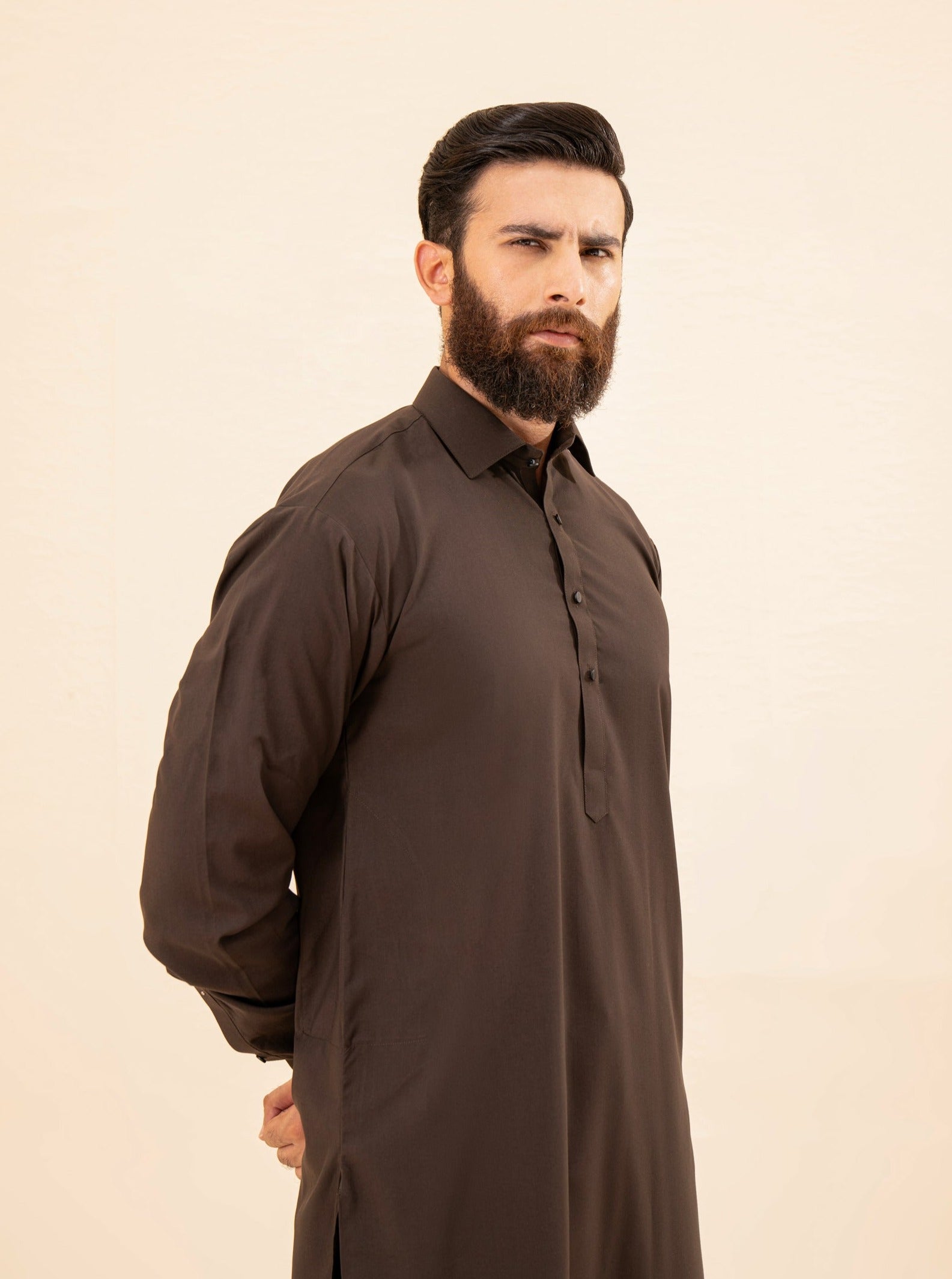 Dark Brown French Collar Kameez Shalwar - Men