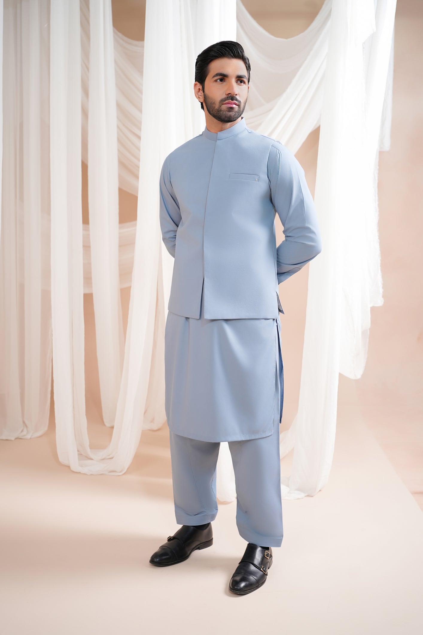 Sapphire Blue Luxury Formal Kameez Shalwar with Blended Waistcoat - Straight Cut - Men