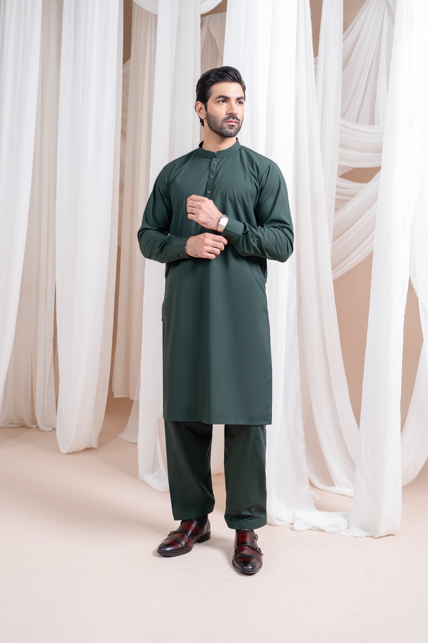 Bottle Green Luxury Blended Kurta Shalwar - Men