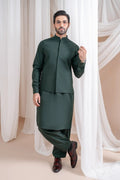 Bottle Green Luxury Formal Kameez Shalwar with Blended Waistcoat - Straight Cut - Men