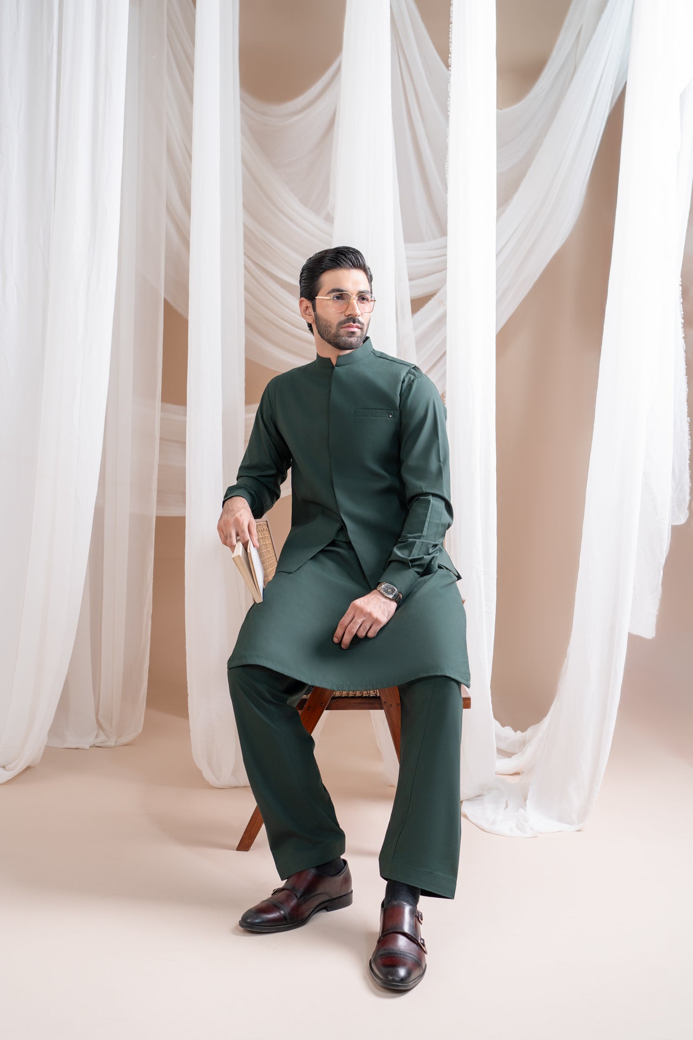 Bottle Green Luxury Formal Kameez Shalwar with Blended Waistcoat - Straight Cut - Men