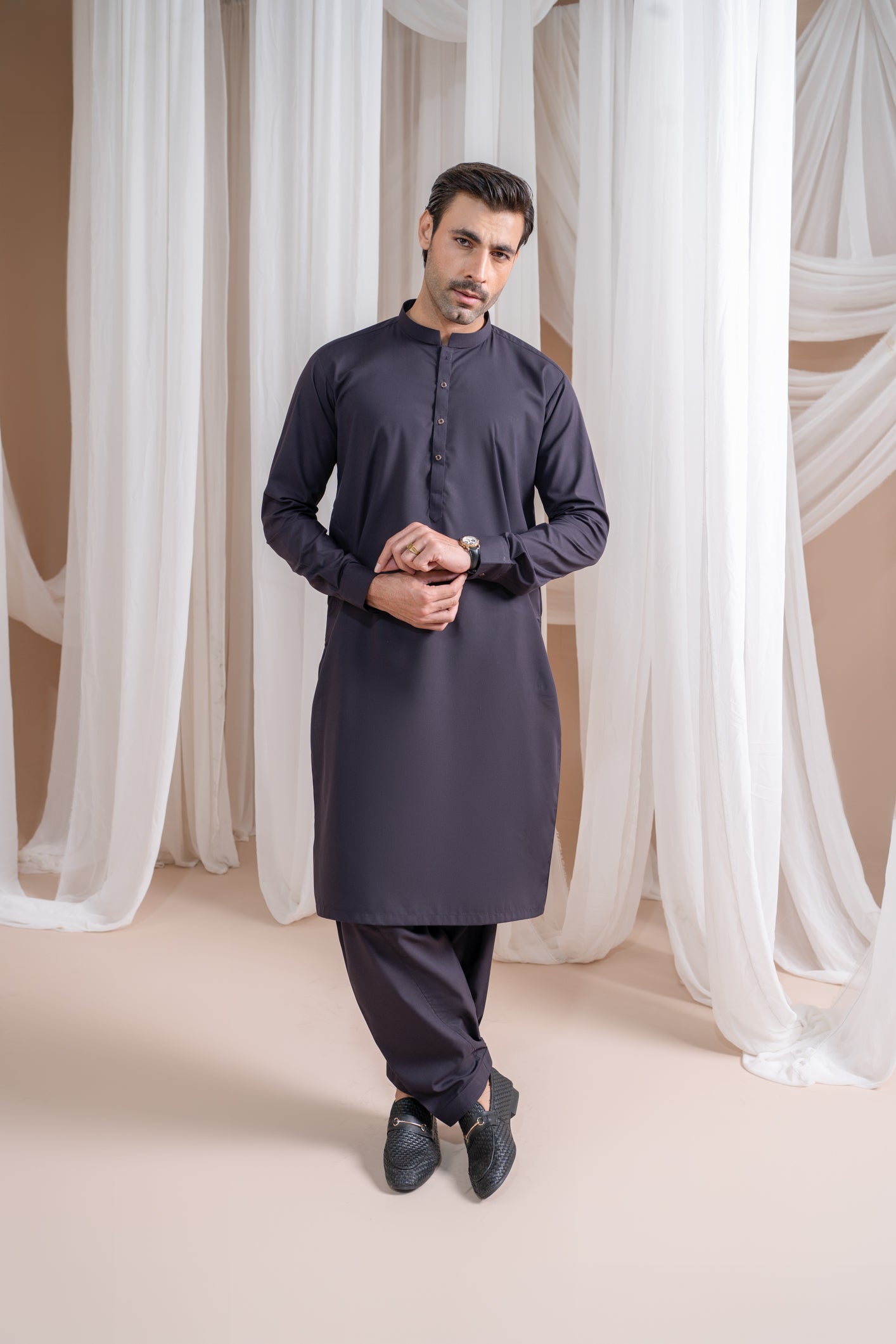 Deep Burgundy Luxury Blended Kurta Shalwar - Men