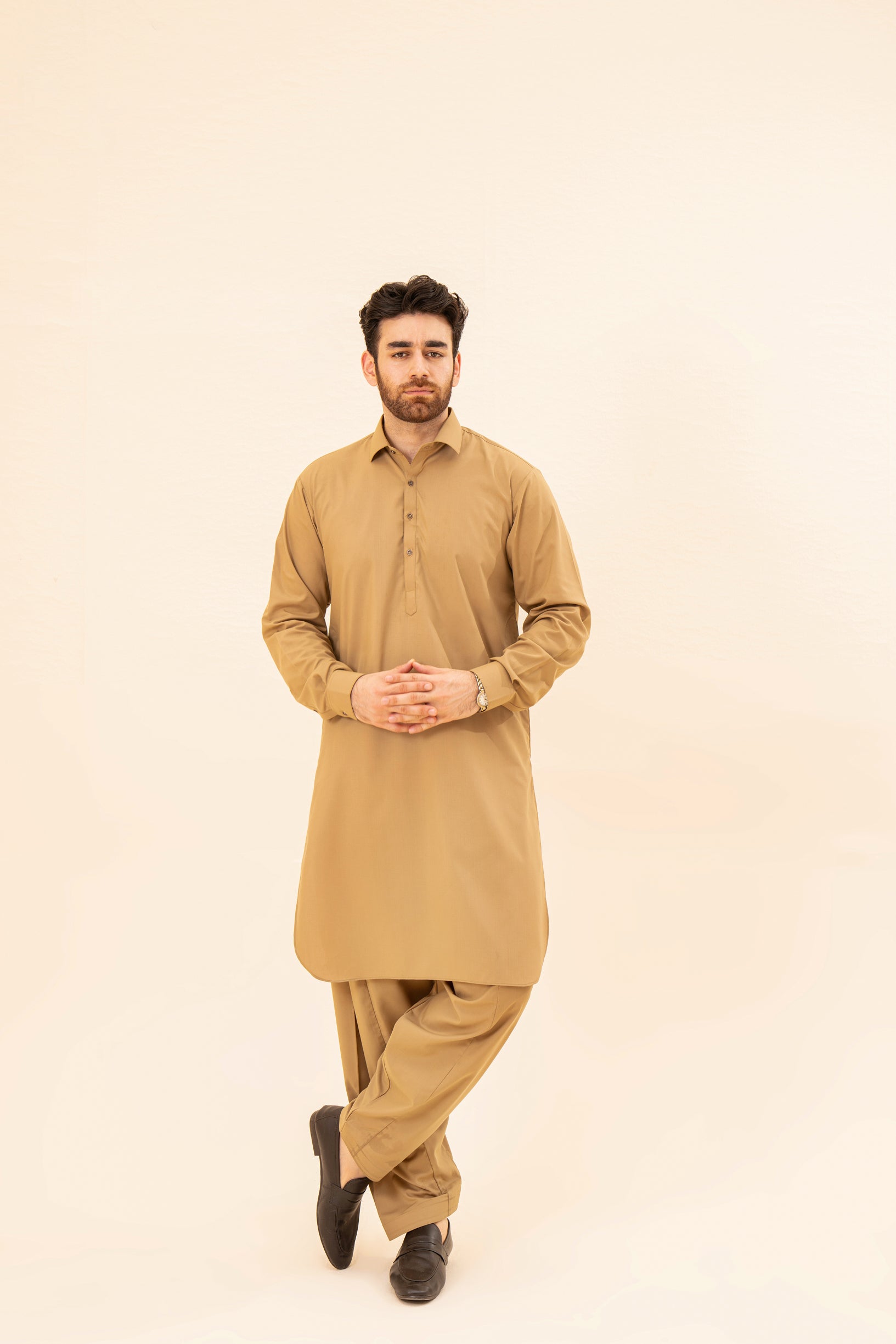 Pack of 2 French Collar Kameez Shalwar - Camel & Bosky White