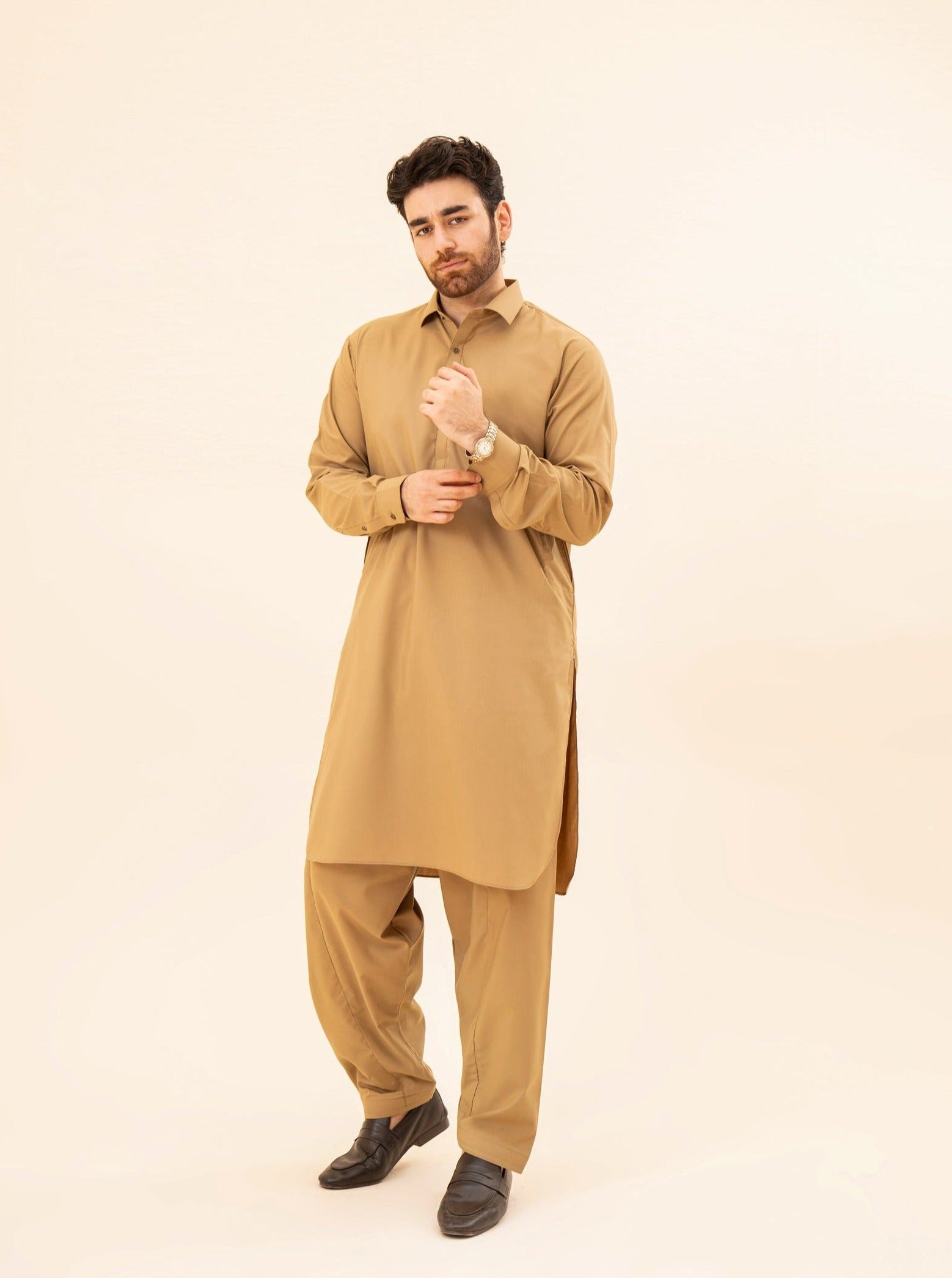 Camel French Collar Kameez Shalwar - Men