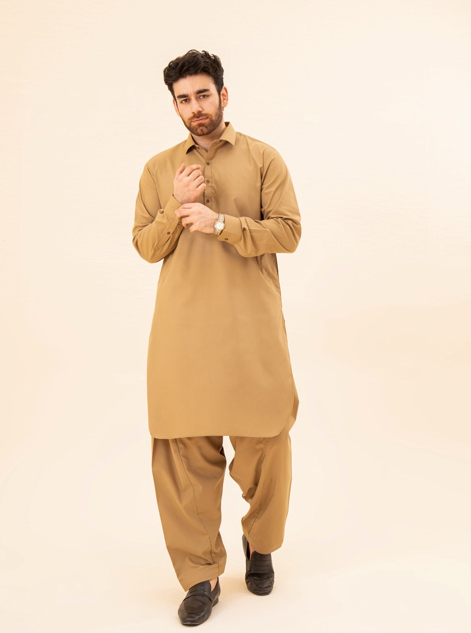 Camel French Collar Kameez Shalwar - Men