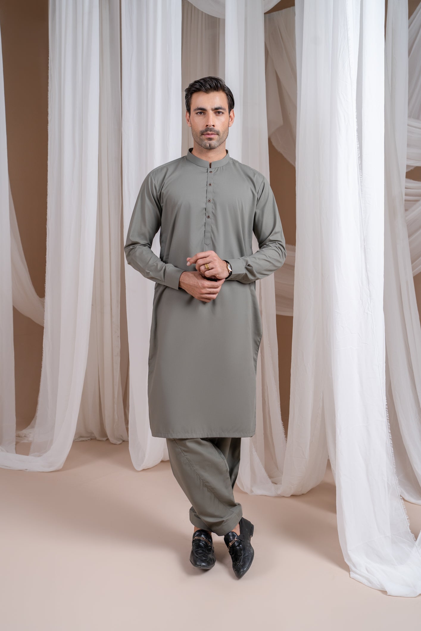 Sand Grey Luxury Blended Kurta Shalwar - Men