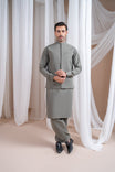 Sand Grey Luxury Formal Kameez Shalwar with Blended Waistcoat - Straight Cut - Men