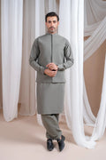 Sand Grey Luxury Formal Kameez Shalwar with Blended Waistcoat - Straight Cut - Men