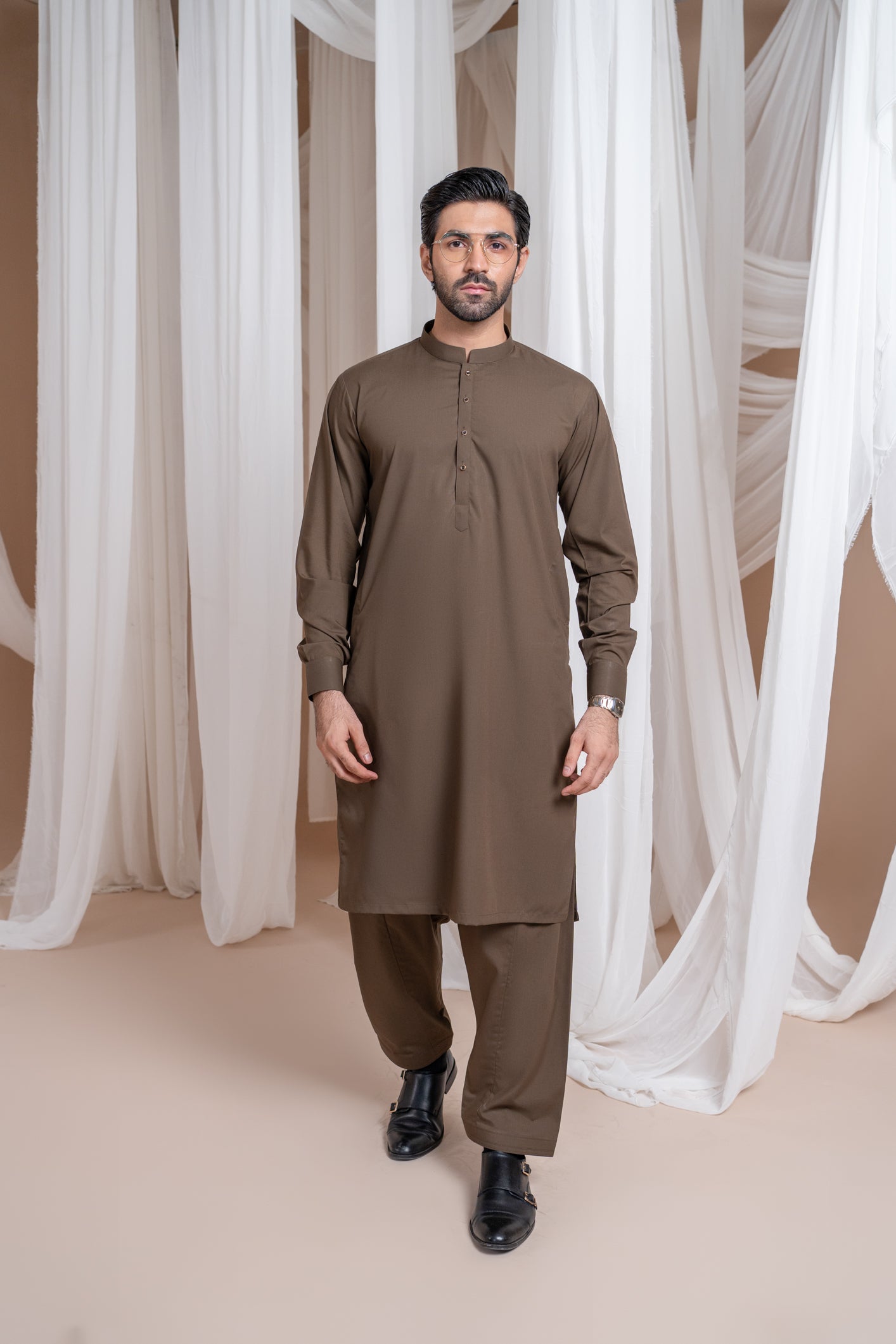 Light Brown Luxury Blended Kurta Shalwar - Men