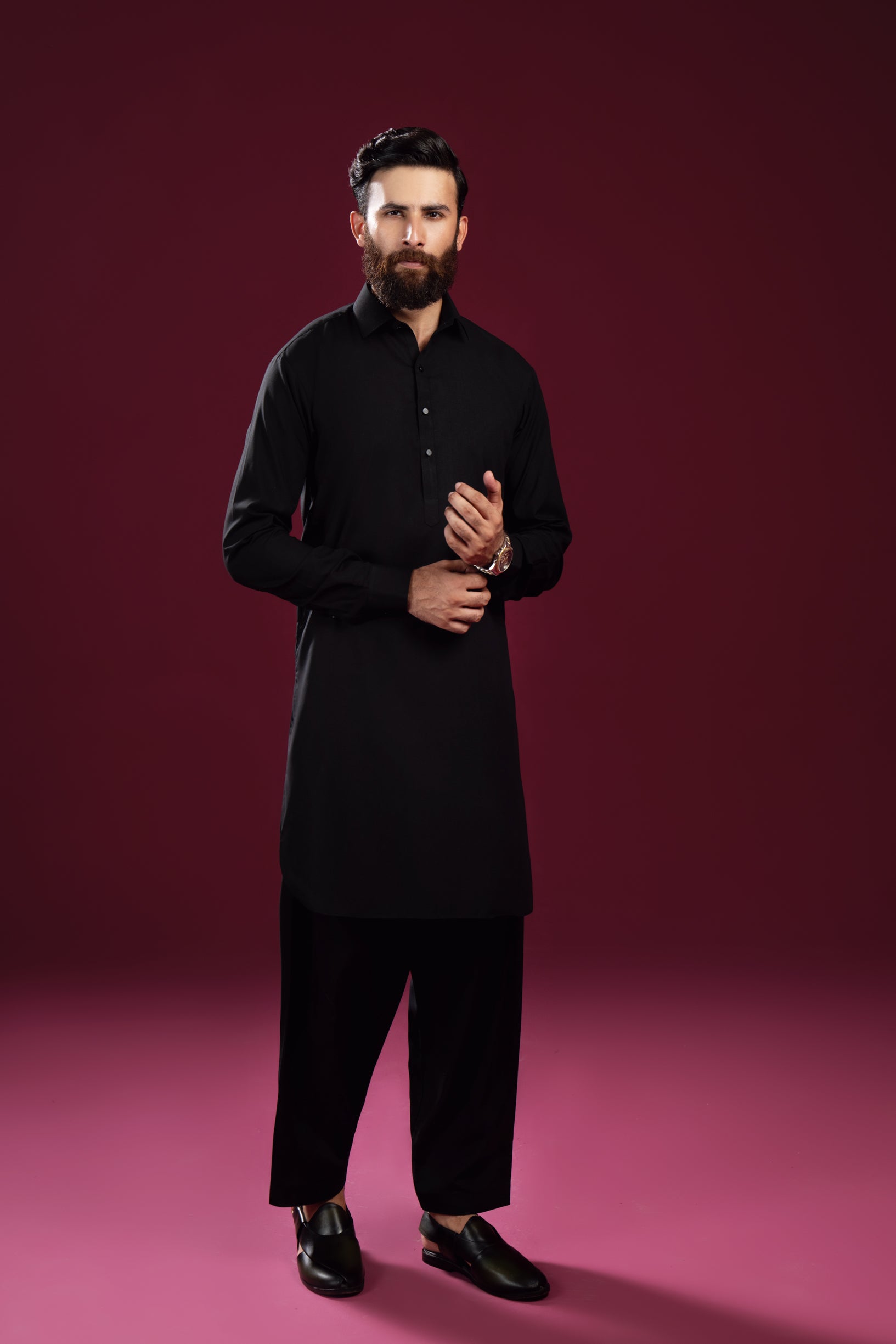 Black French Collar Kameez Shalwar - Men