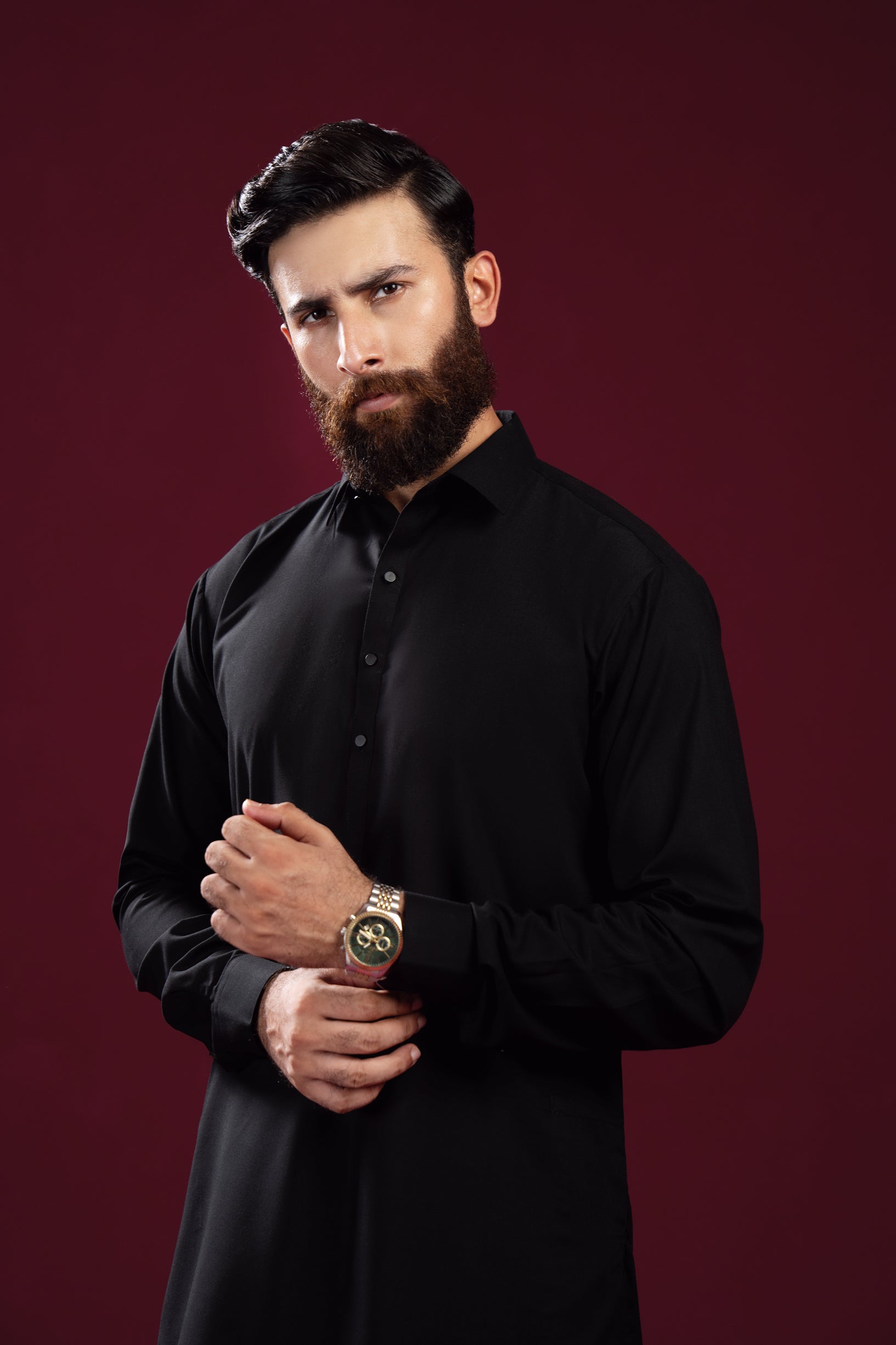Black French Collar Kameez Shalwar - Men
