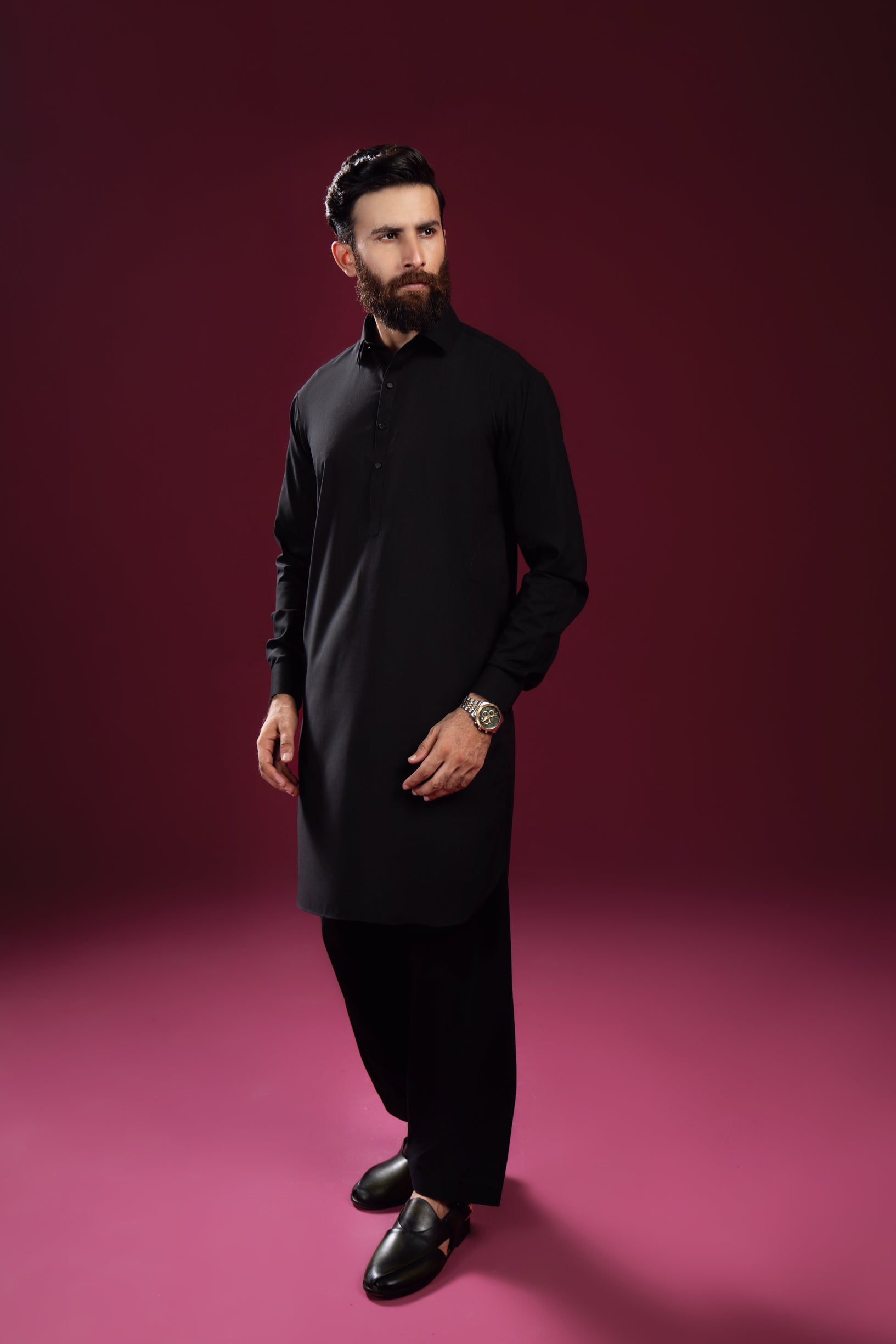 Black French Collar Kameez Shalwar - Men