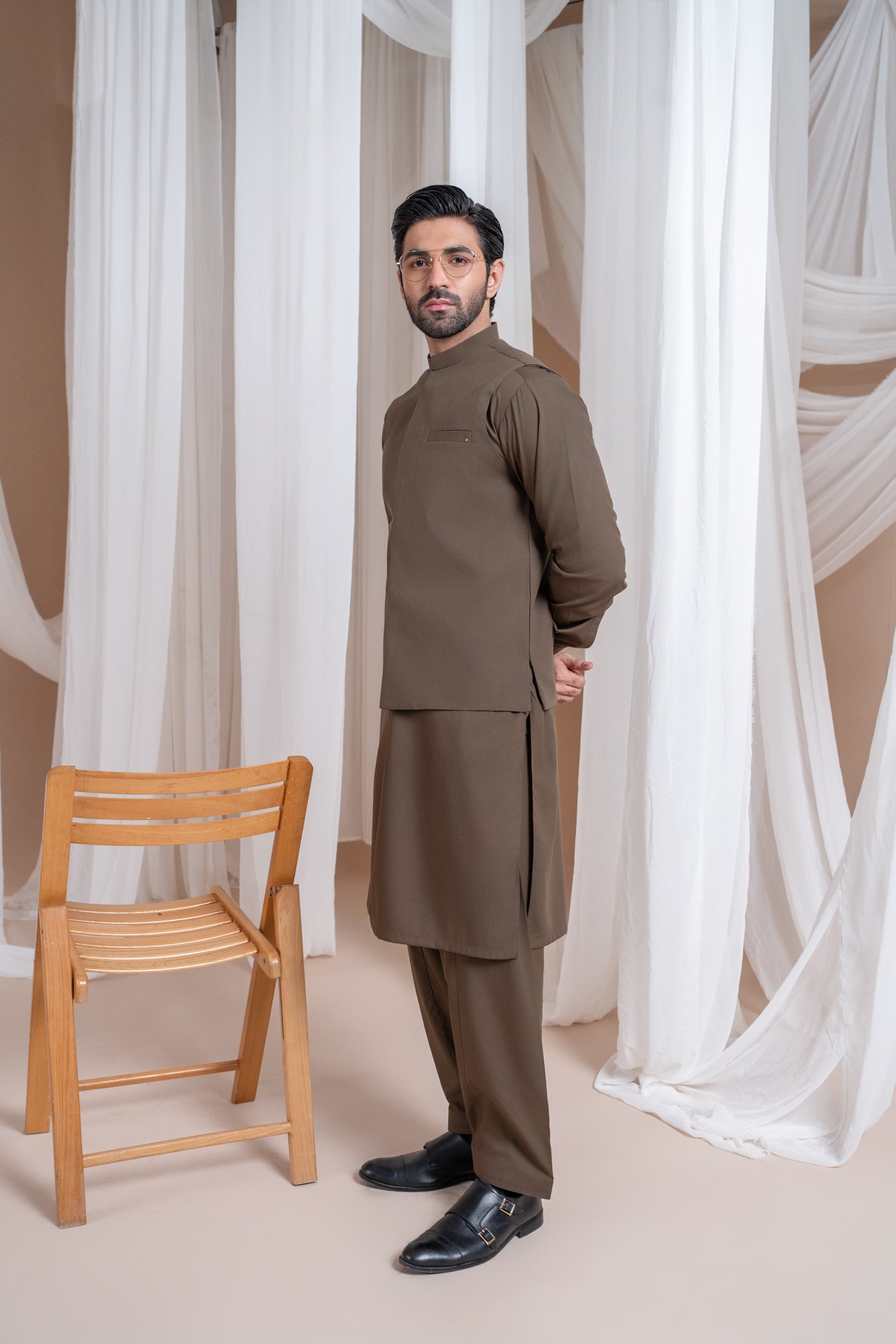 Light Brown Luxury Formal Kameez Shalwar with Blended Waistcoat - Straight Cut - Men