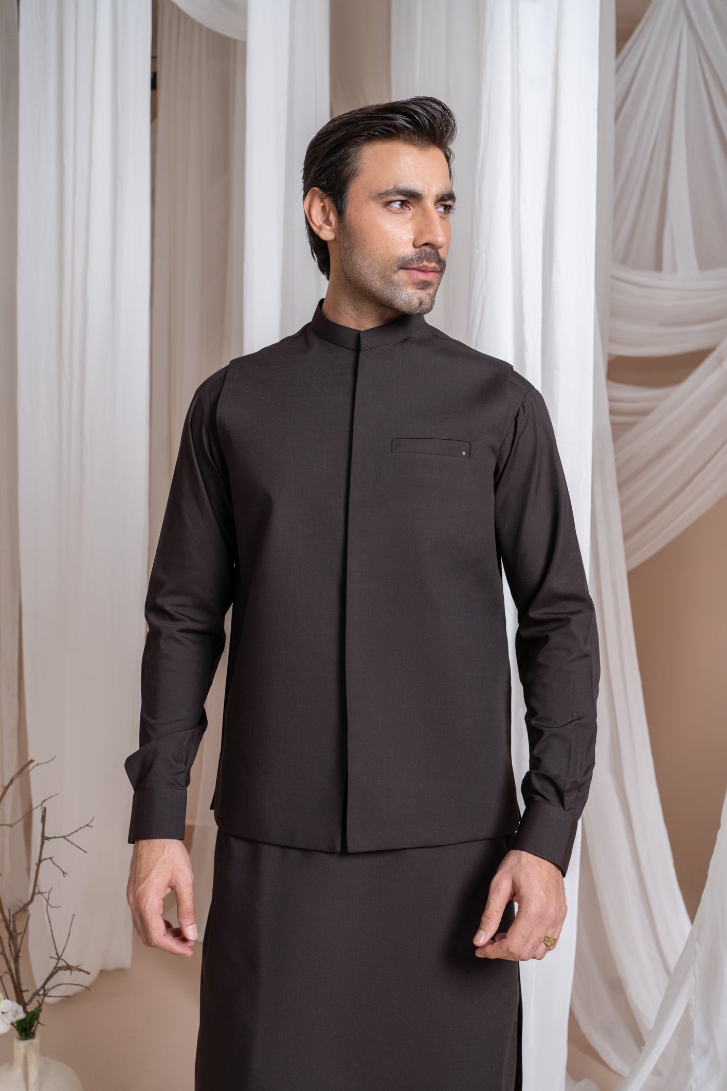 Dark Brown Kameez Shalwar with Blended Waistcoat - Straight Cut - Men