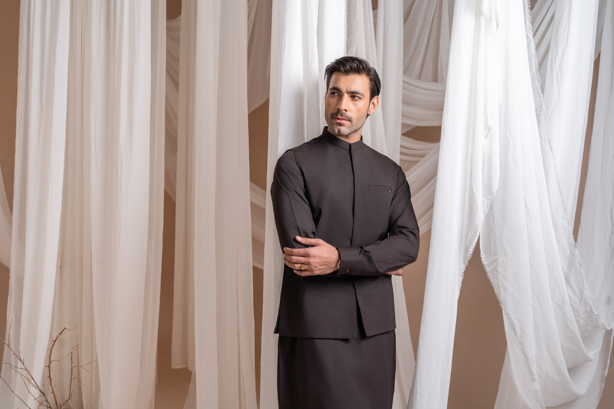 Dark Brown Kameez Shalwar with Blended Waistcoat - Straight Cut - Men