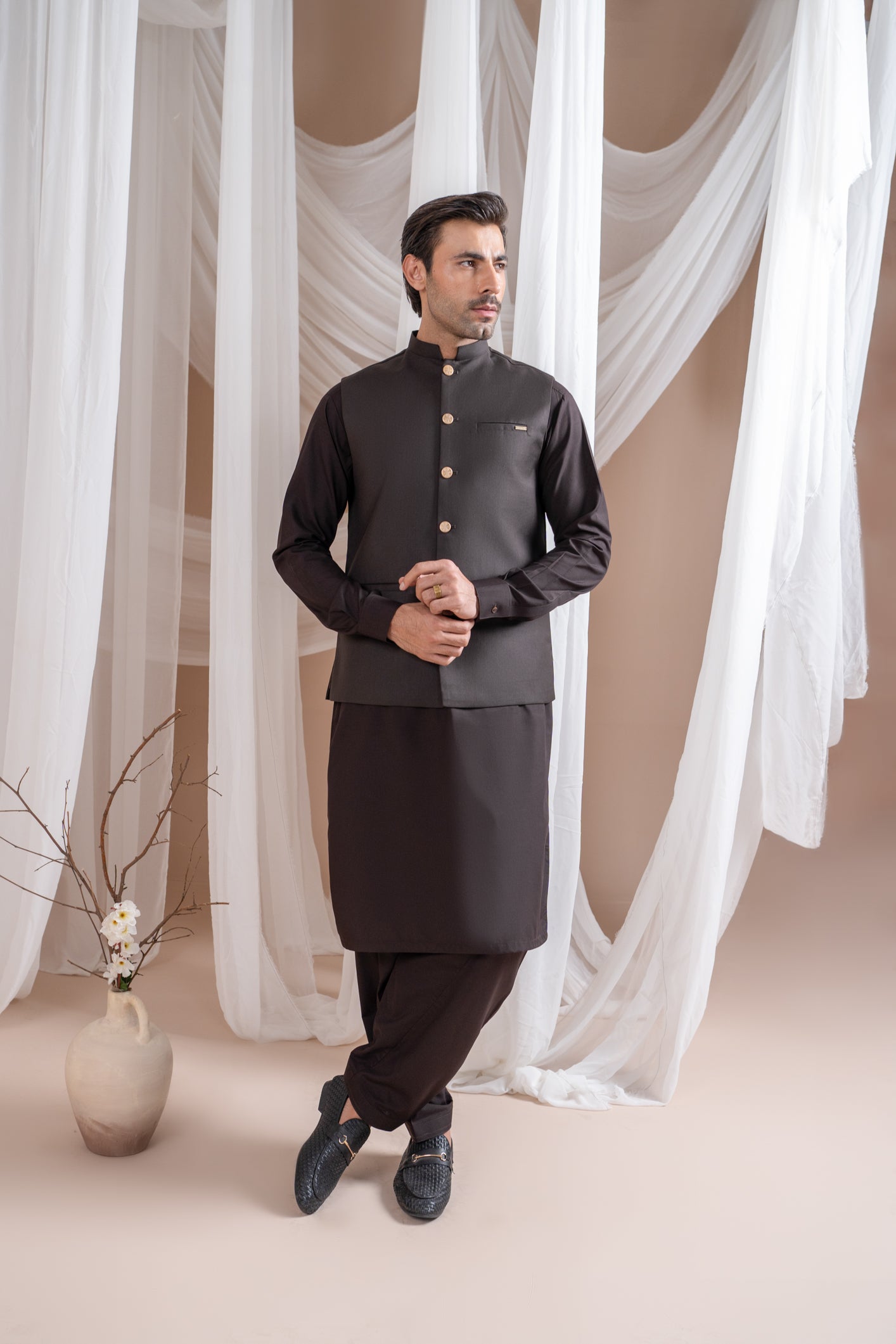 Dark Brown Kurta Shalwar with Suiting Waistcoat - Straight Cut - Men