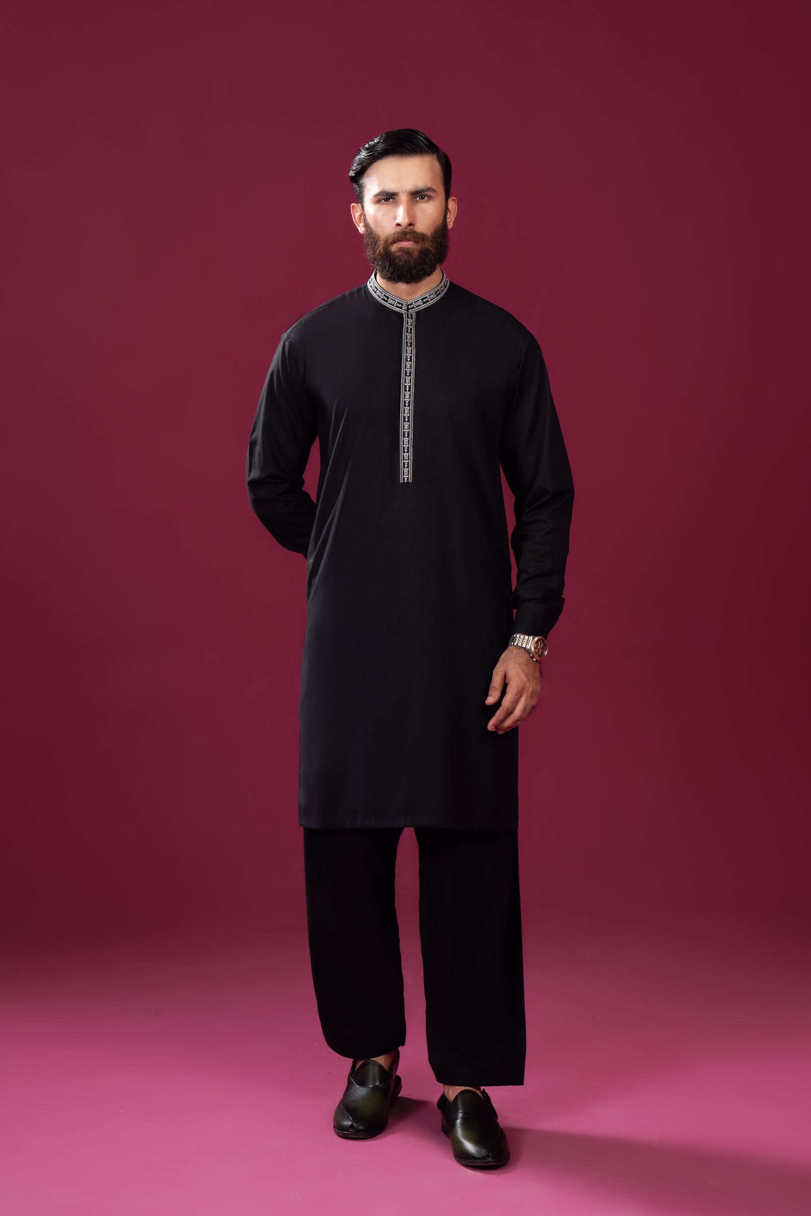 Formal Black Kurta Shalwar - Falling Collar Neck Embroidered - Men