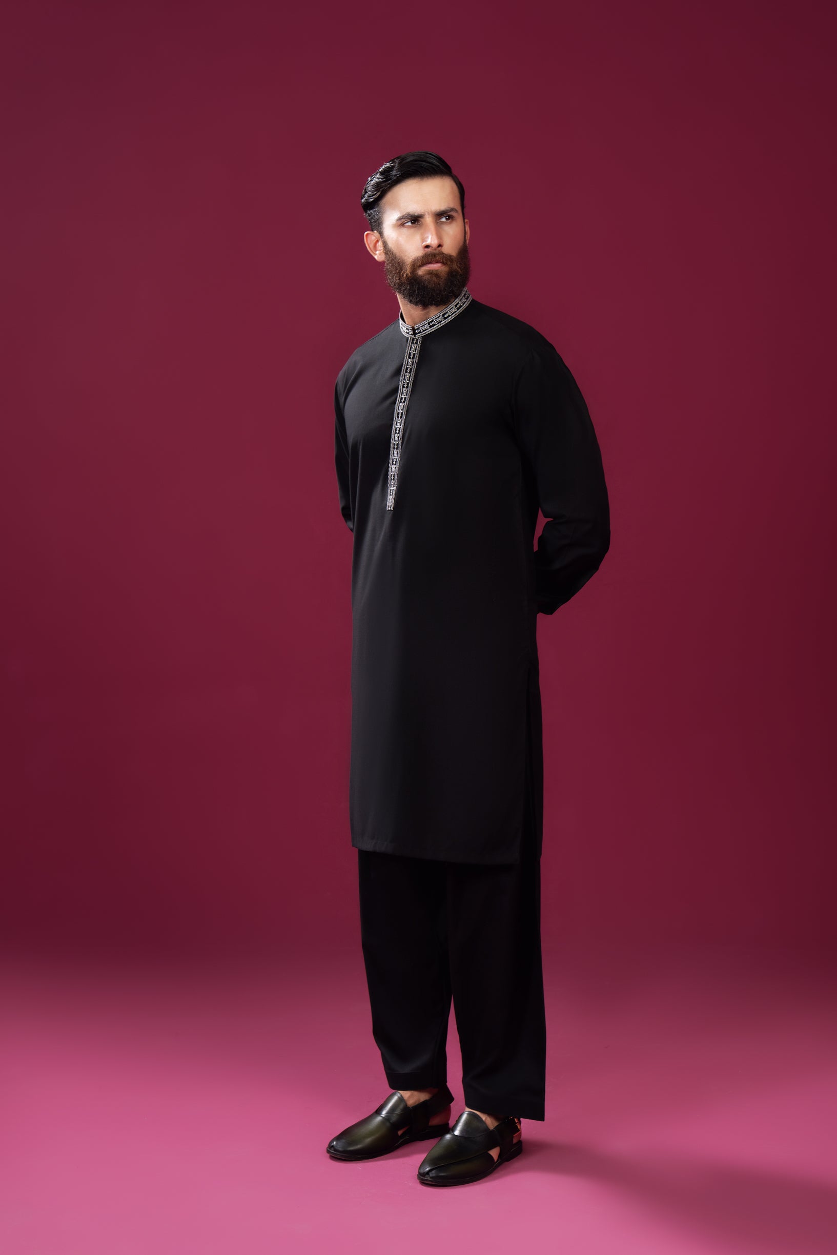 Formal Black Kurta Shalwar - Falling Collar Neck Embroidered - Men