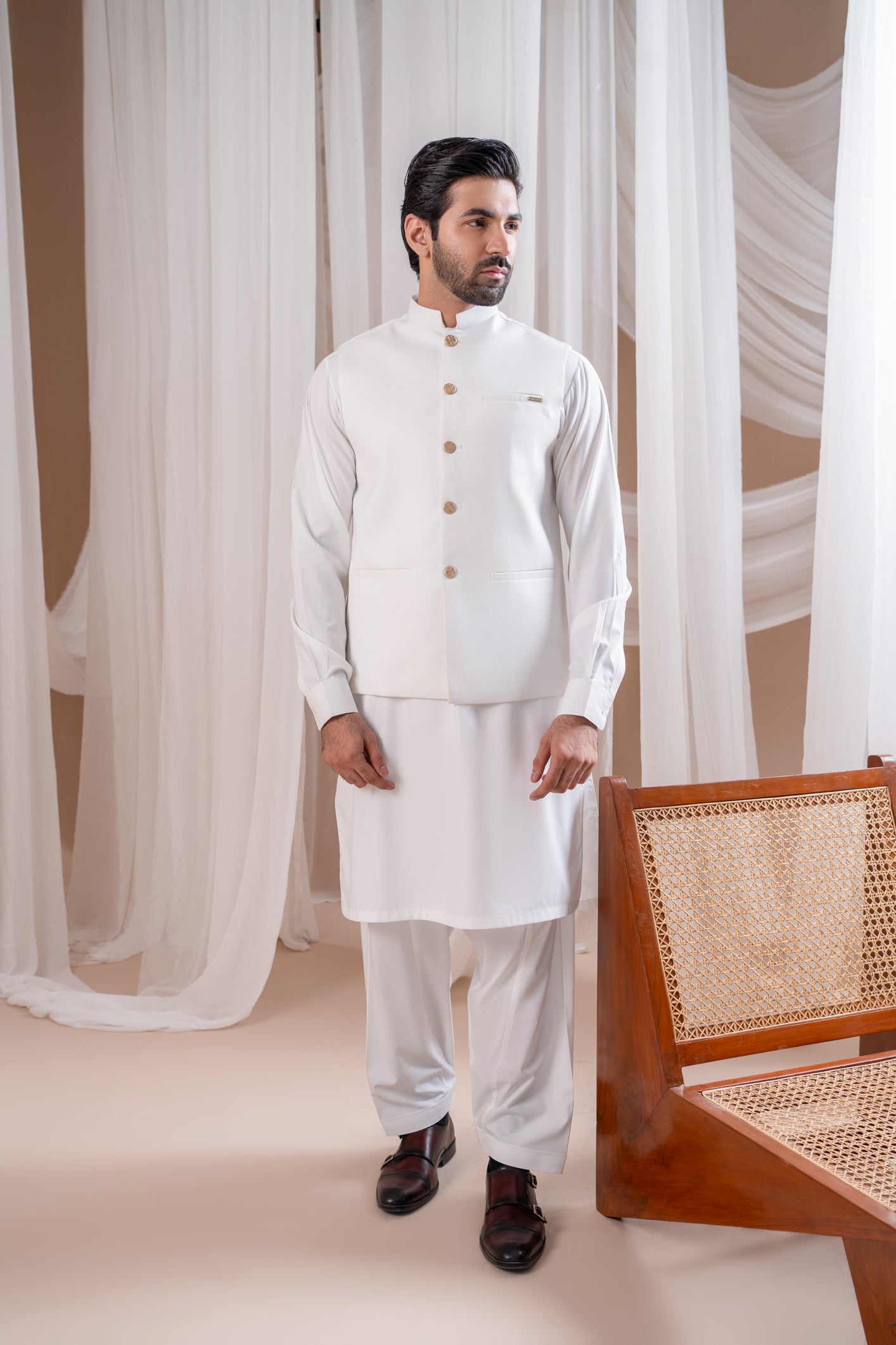 Off White Kurta Shalwar with Suiting Waistcoat - Straight Cut - Men