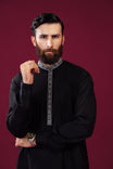 Formal Black Kurta Shalwar - Falling Collar Neck Embroidered - Men