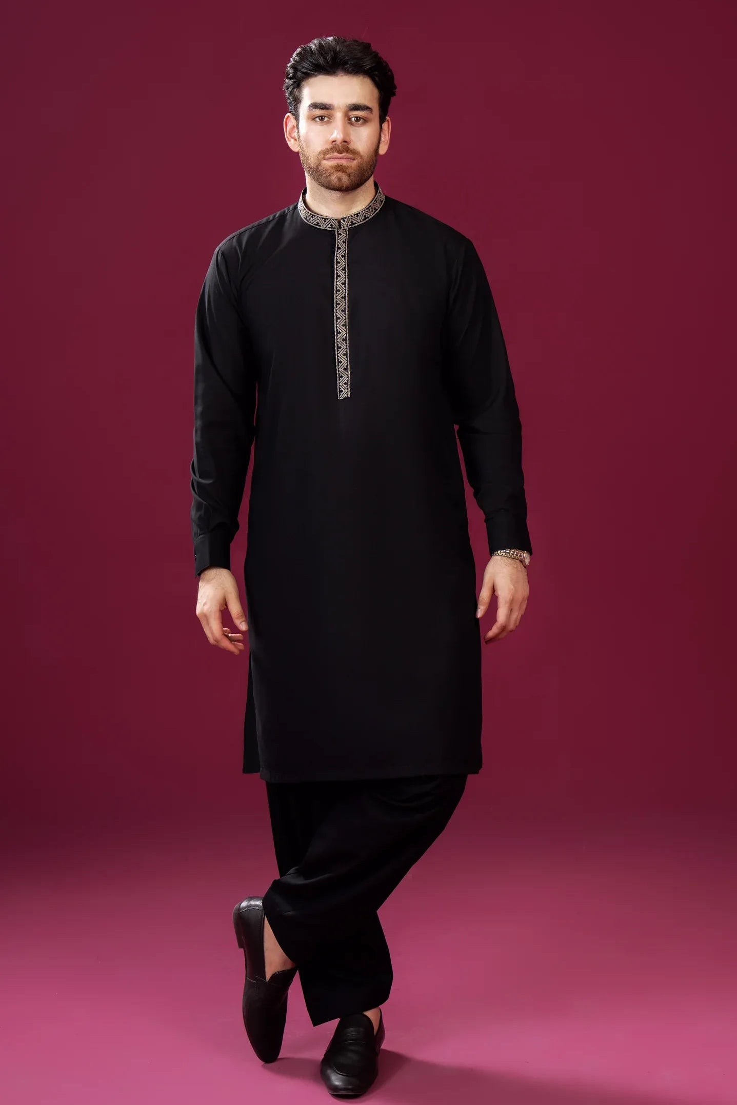 Formal Black Kurta Shalwar - Pattern Collar Neck Embroidered - Men - Muraqsh -- Menswear