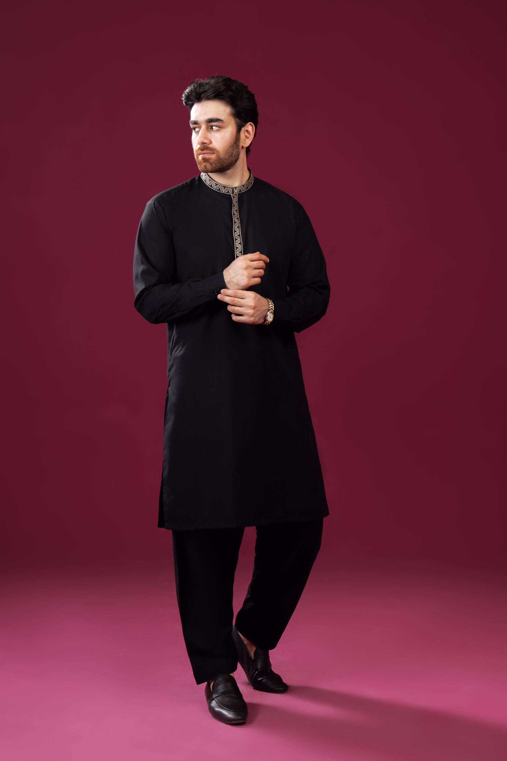 Formal Black Kurta Shalwar - Pattern Collar Neck Embroidered - Men