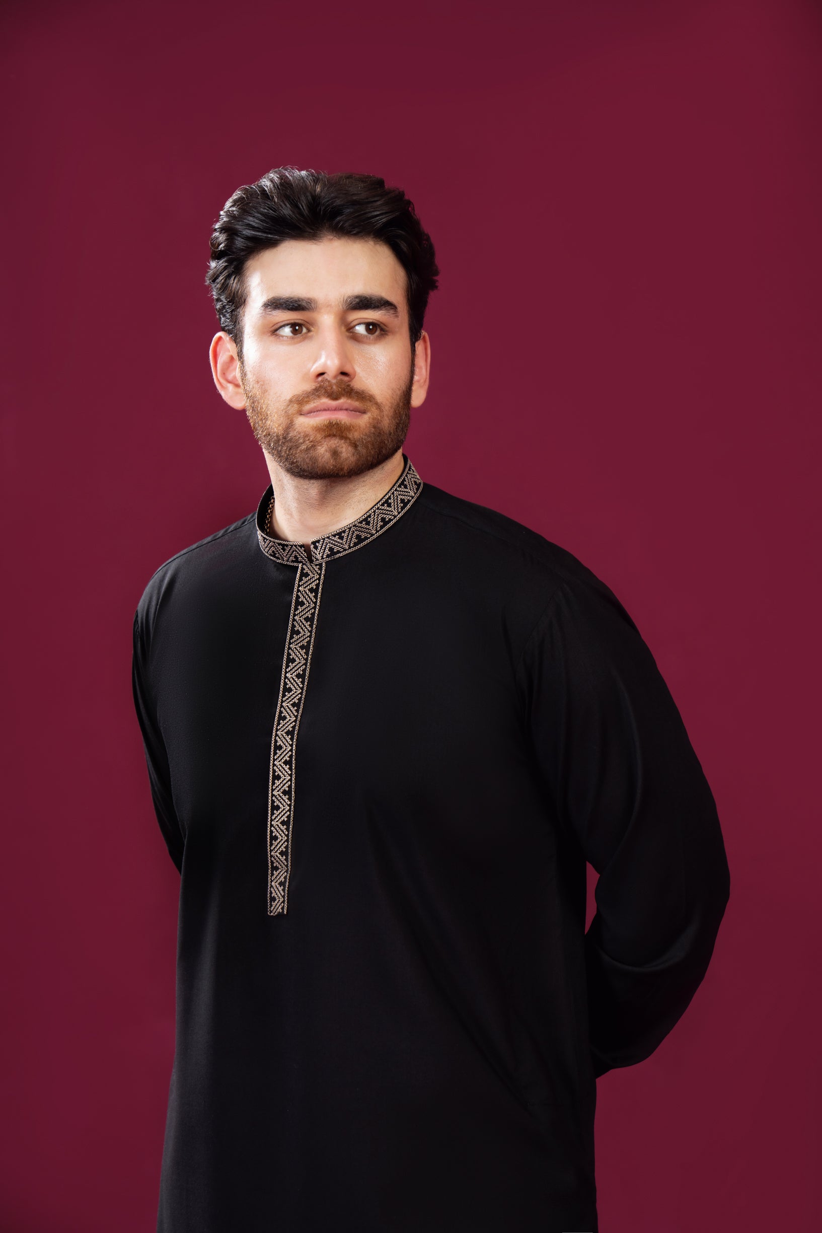 Formal Black Kurta Shalwar - Pattern Collar Neck Embroidered - Men