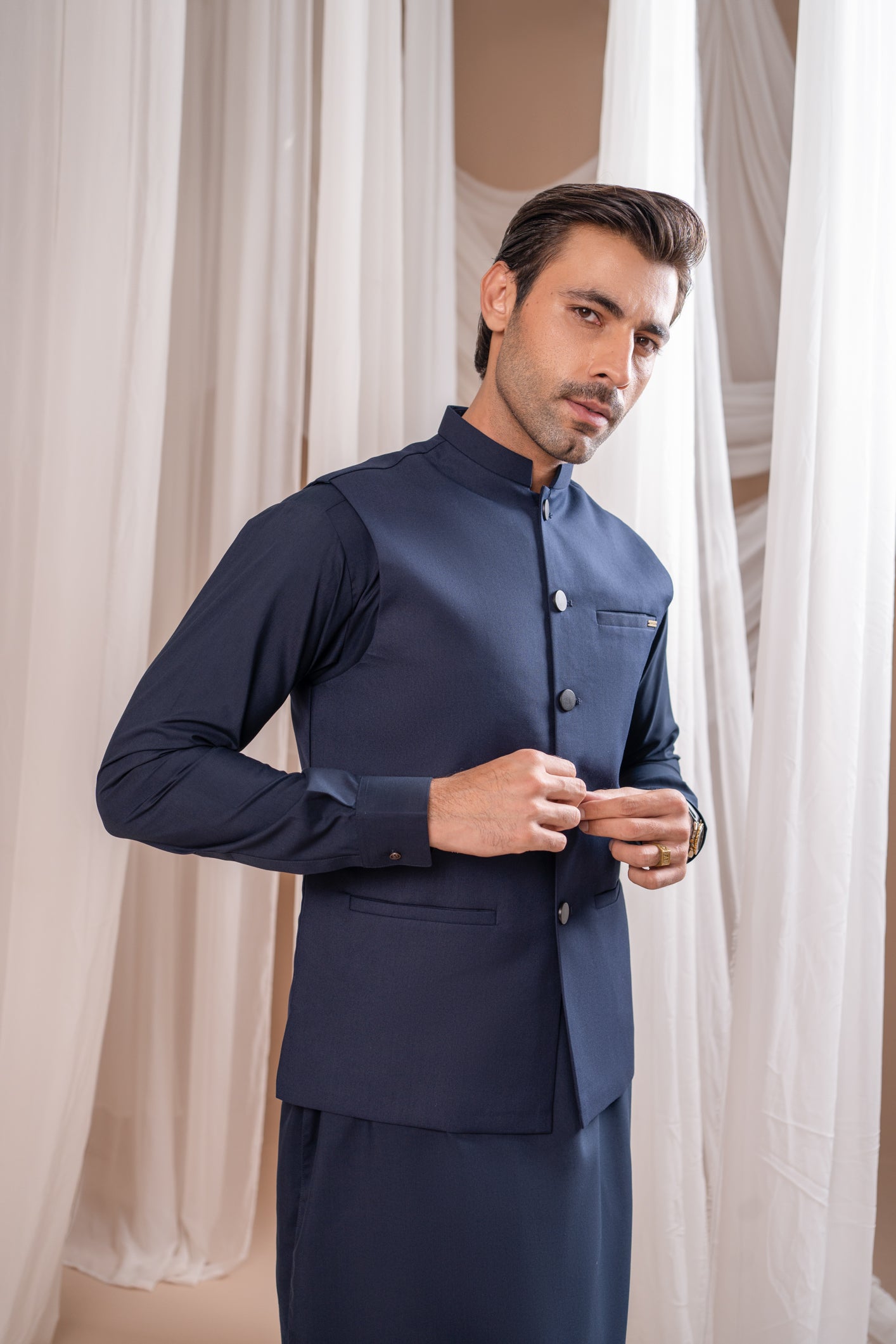 Navy Blue Kurta Shalwar with Suiting Waistcoat - Straight Cut - Men