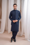 Navy Blue Formal Kameez Shalwar with Blended Waistcoat - Straight Cut - Men