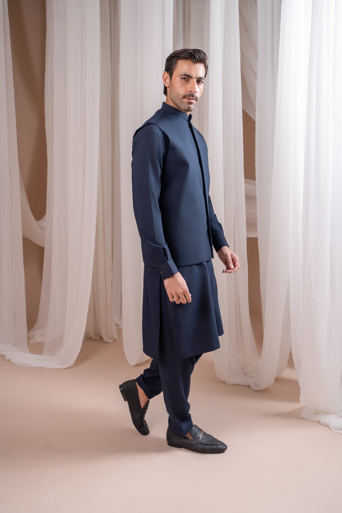 Navy Blue Formal Kameez Shalwar with Blended Waistcoat - Straight Cut - Men