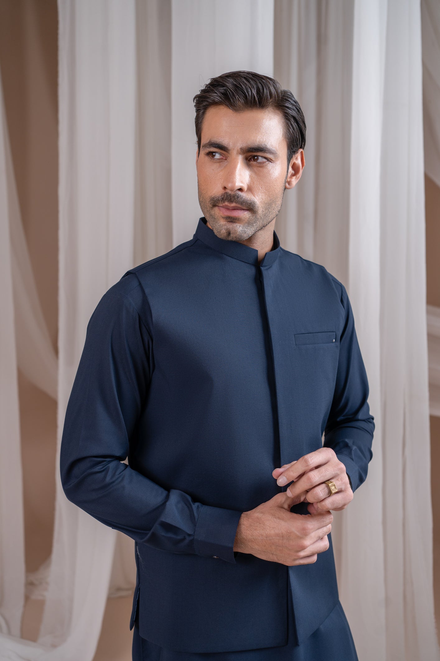 Navy Blue Formal Kameez Shalwar with Blended Waistcoat - Straight Cut - Men