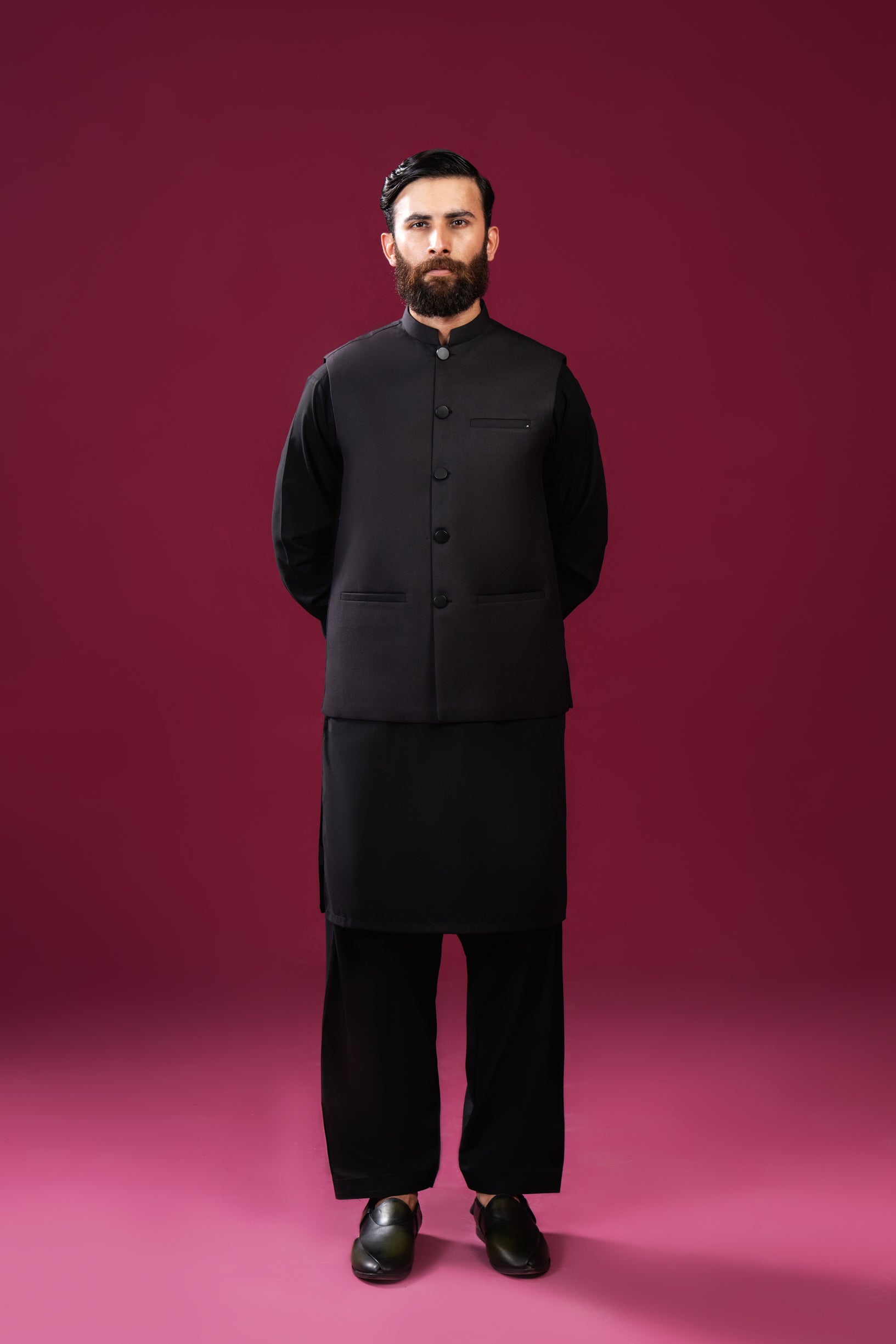 Black Kameez Shalwar with Suiting Waistcoat - Straight Cut - Men