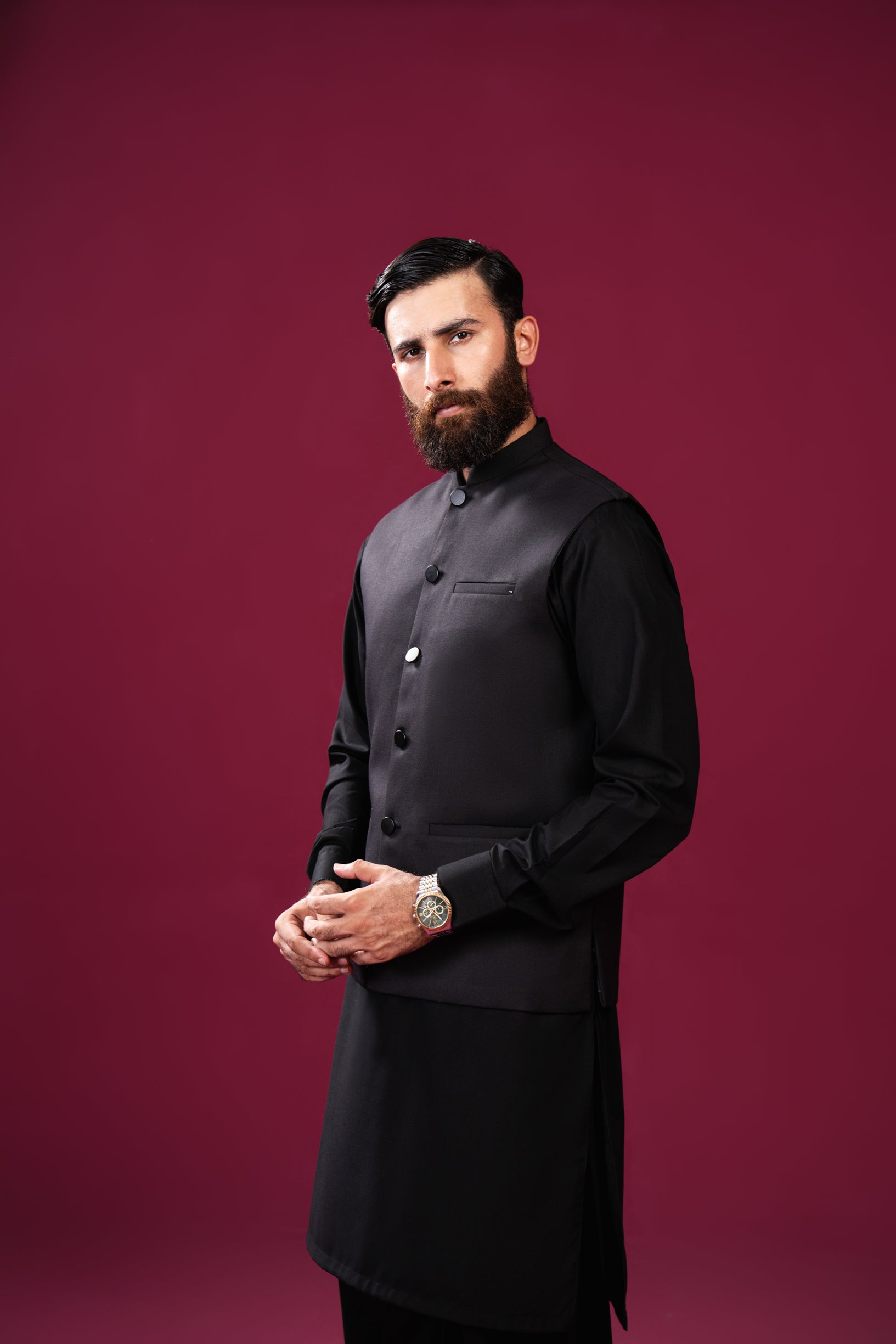 Black Kameez Shalwar with Suiting Waistcoat - Straight Cut - Men
