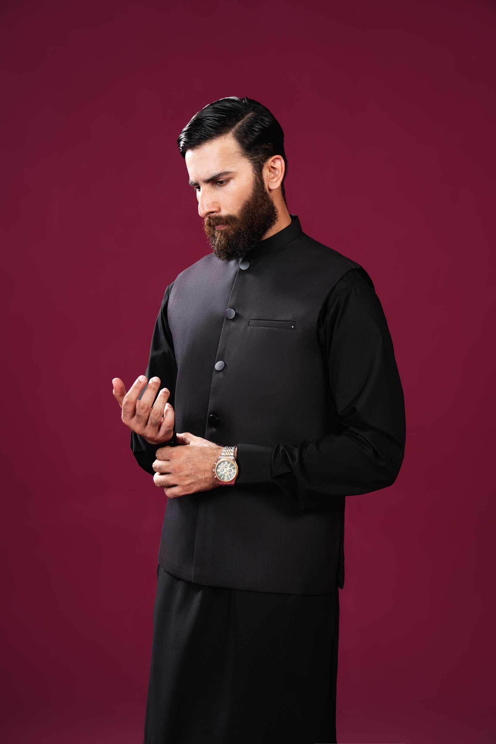 Black Kameez Shalwar with Suiting Waistcoat - Straight Cut - Men