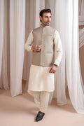 Bosky White Kurta Shalwar with Beige Suiting Waistcoat - Straight Cut - Men