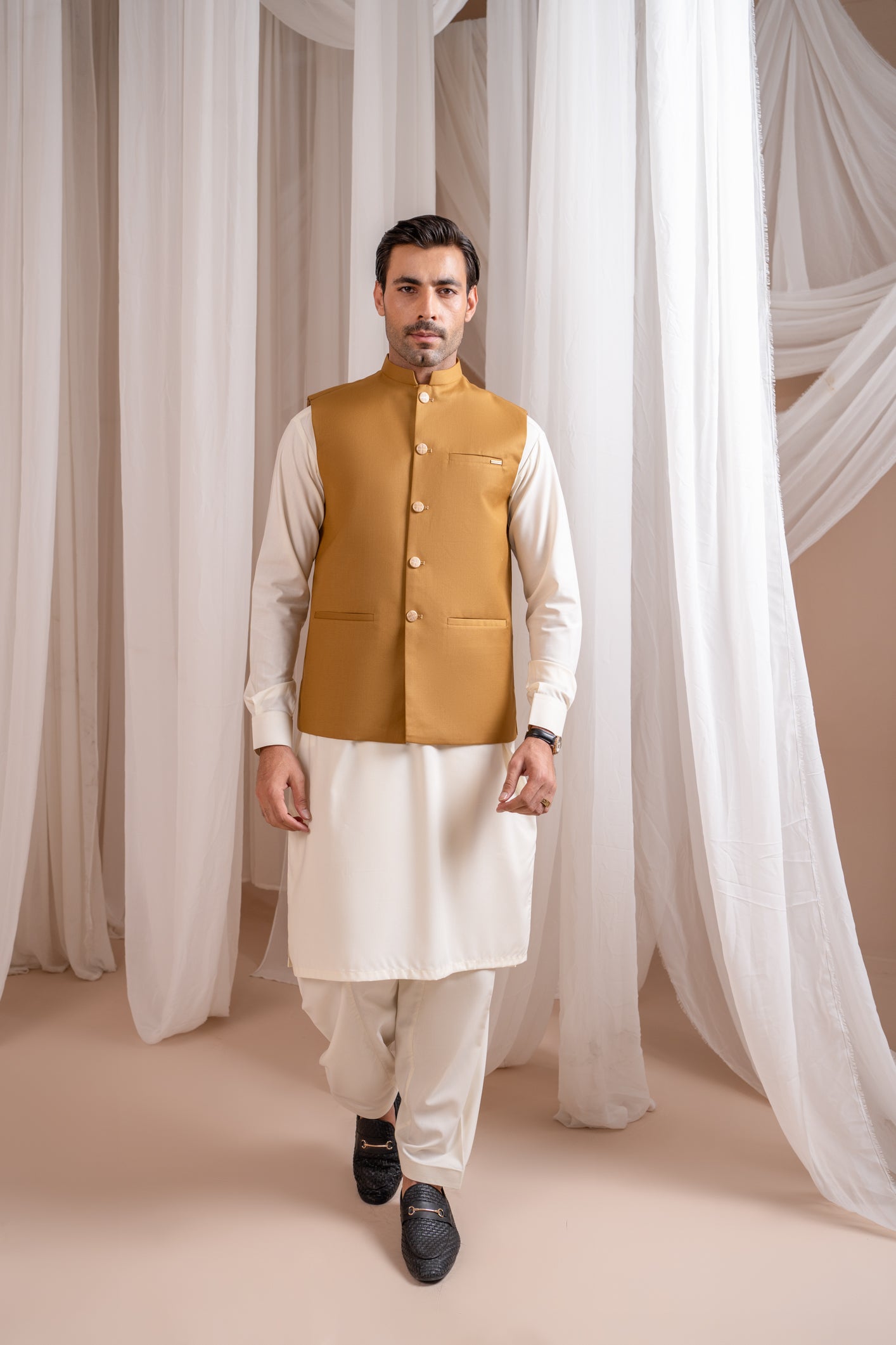 Bosky White Kurta Shalwar with Camel Suiting Waistcoat - Straight Cut - Men