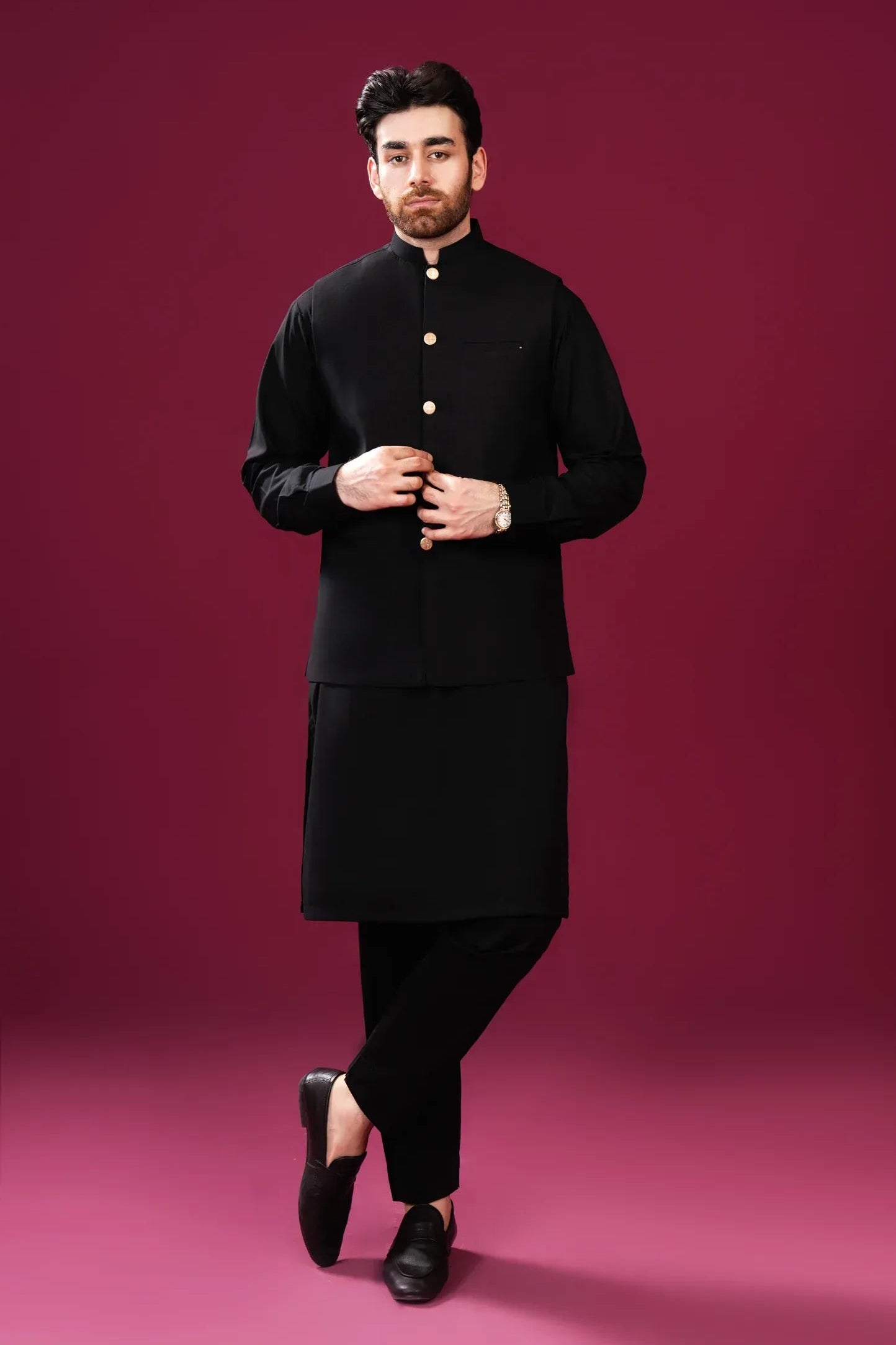 Black Kurta Trouser with Blended Waistcoat - Straight Cut - Men - Muraqsh -- Menswear