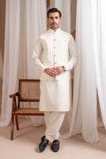 Bosky White Luxury Formal Kameez Shalwar with Blended Waistcoat - Straight Cut Buttoned - Men