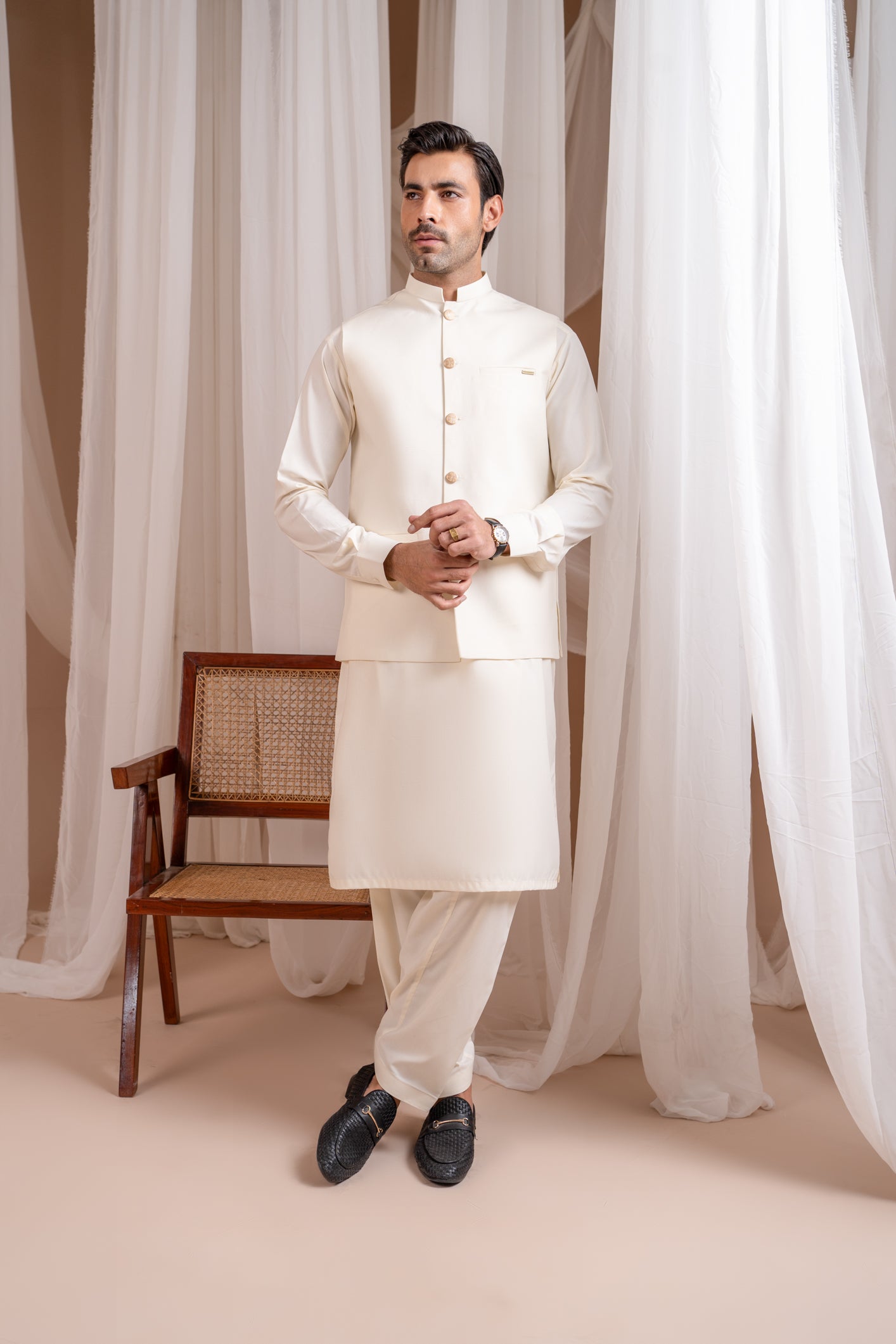 Bosky White Luxury Formal Kameez Shalwar with Blended Waistcoat - Straight Cut Buttoned - Men