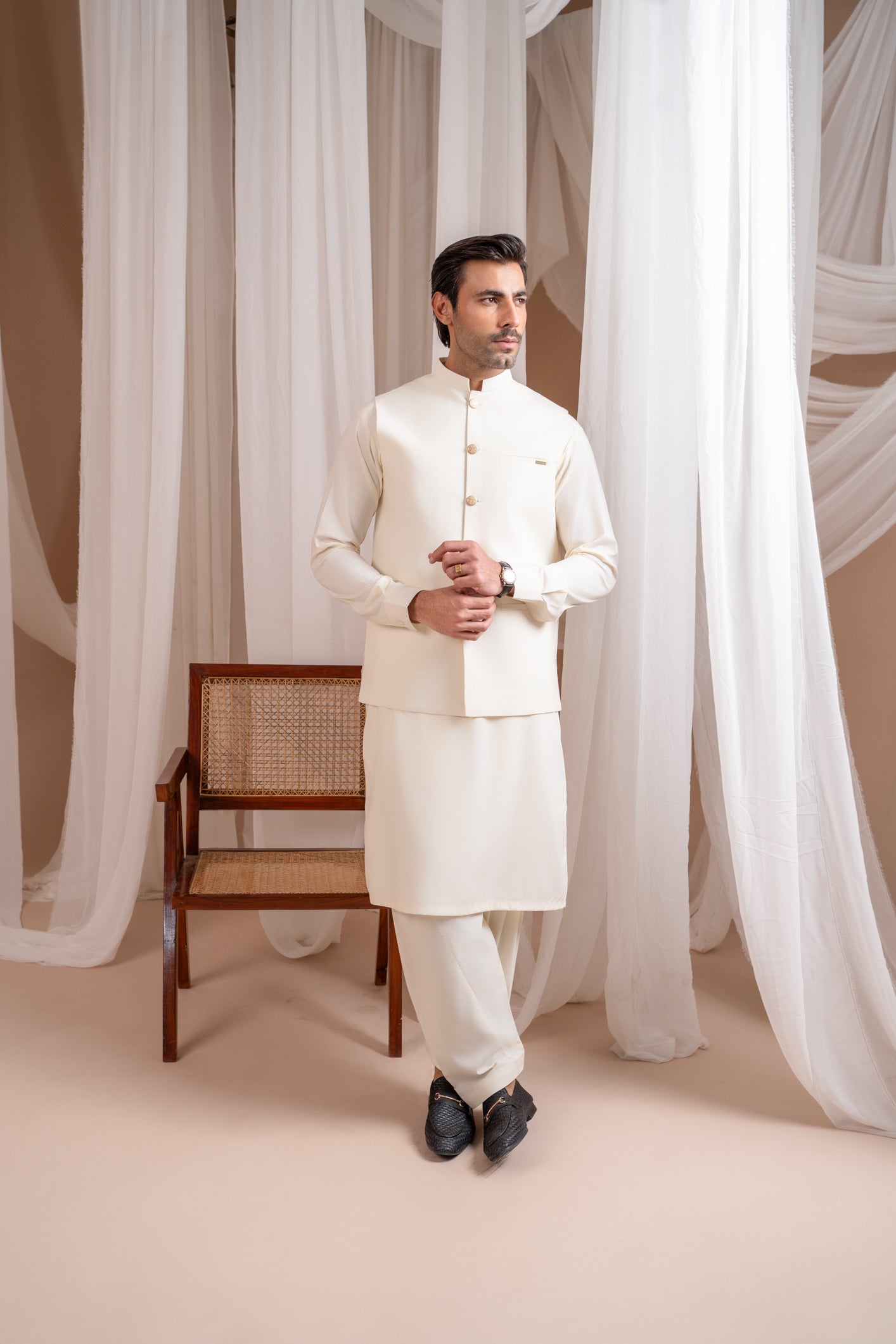 Bosky White Luxury Formal Kameez Shalwar with Blended Waistcoat - Straight Cut Buttoned - Men