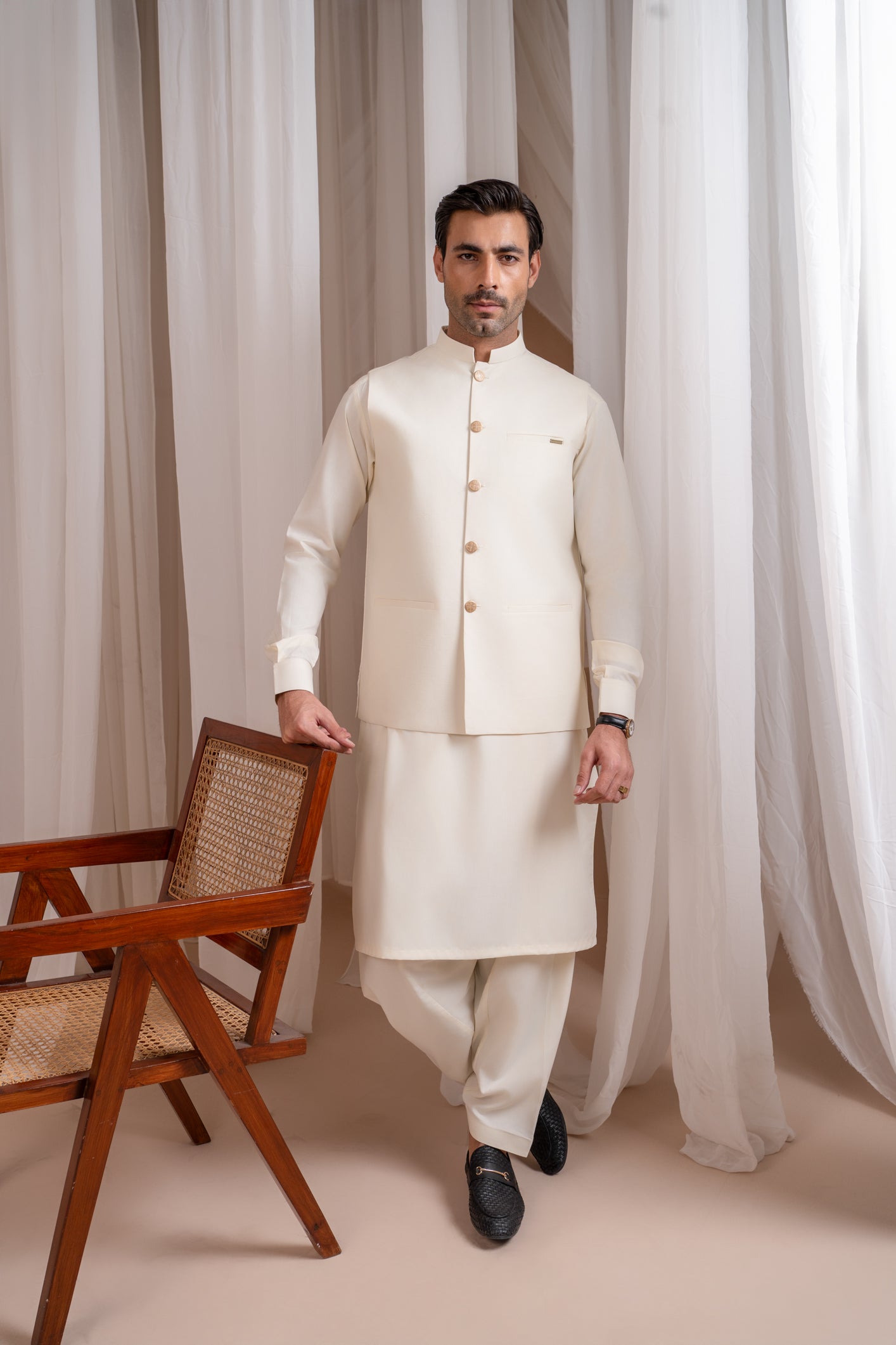 Bosky White Luxury Formal Kameez Shalwar with Blended Waistcoat - Straight Cut Buttoned - Men