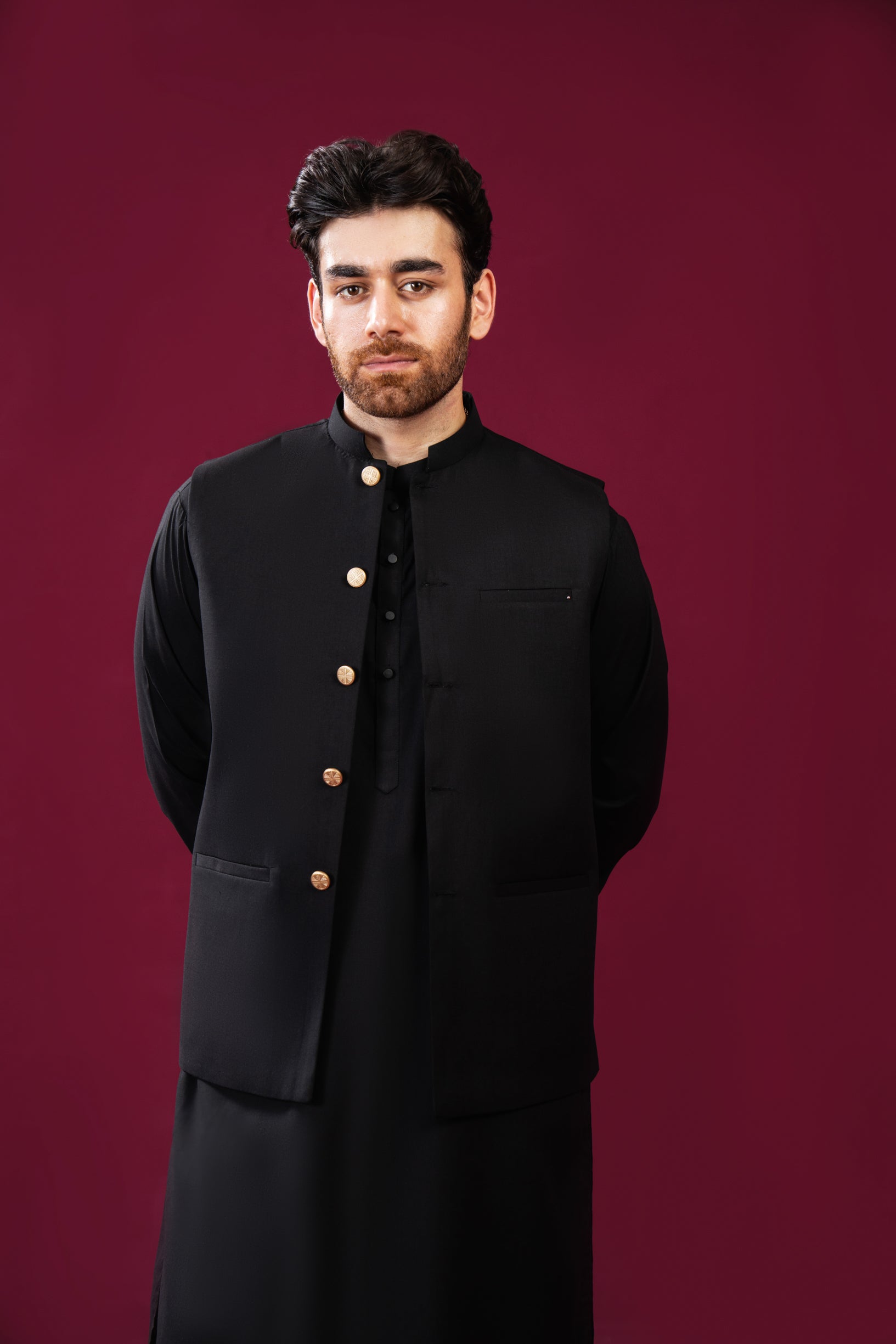 Black Blended Waistcoat - Straight Cut Buttons - Men
