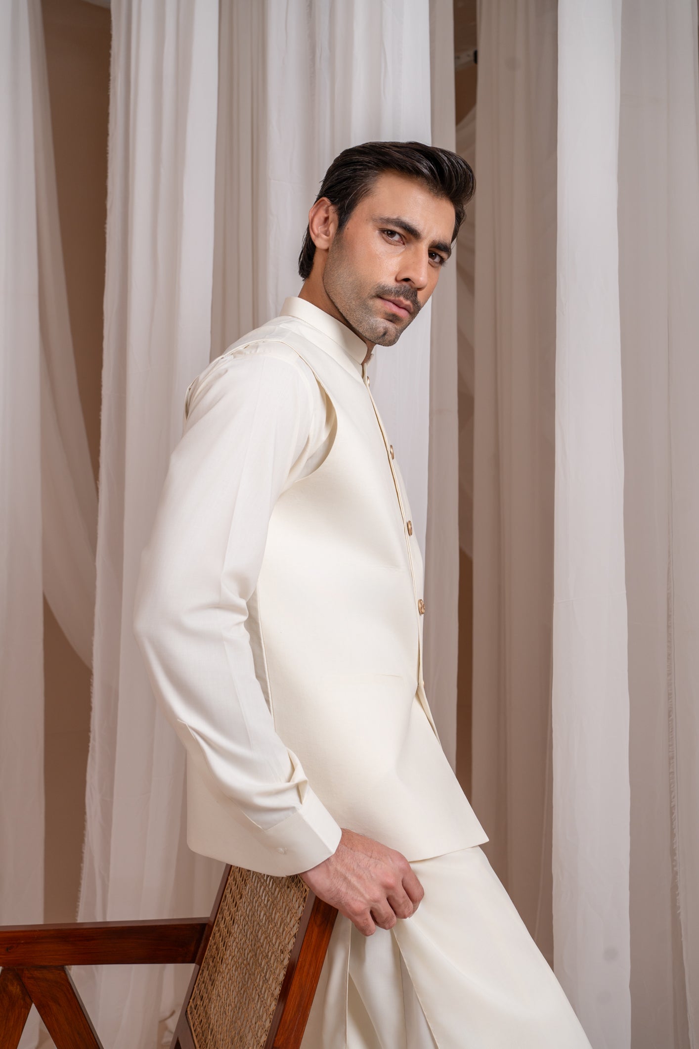 Bosky White Luxury Formal Kameez Shalwar with Blended Waistcoat - Straight Cut Buttoned - Men